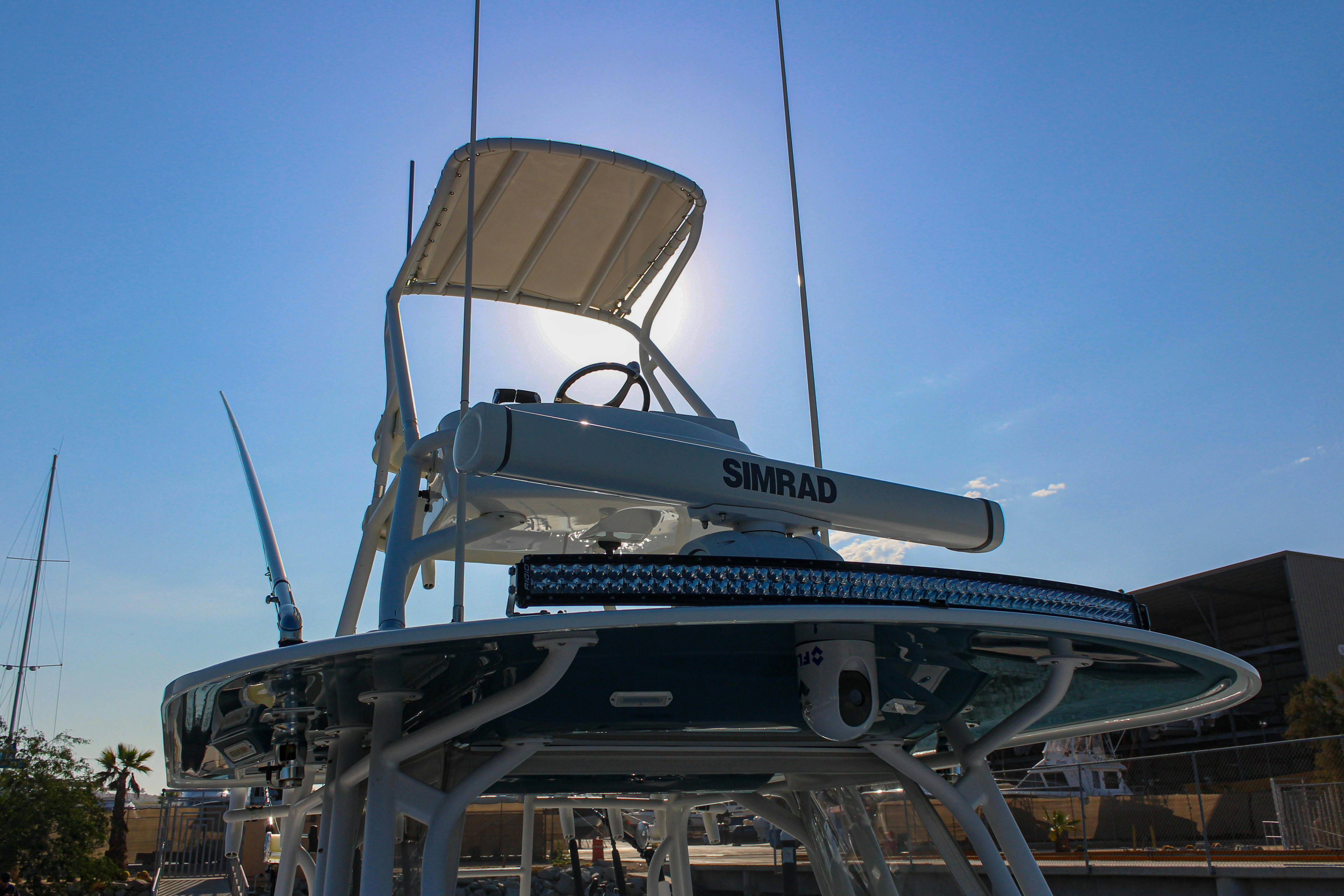 a large metal object with a satellite on top aboard LET'S GO Yacht for Sale