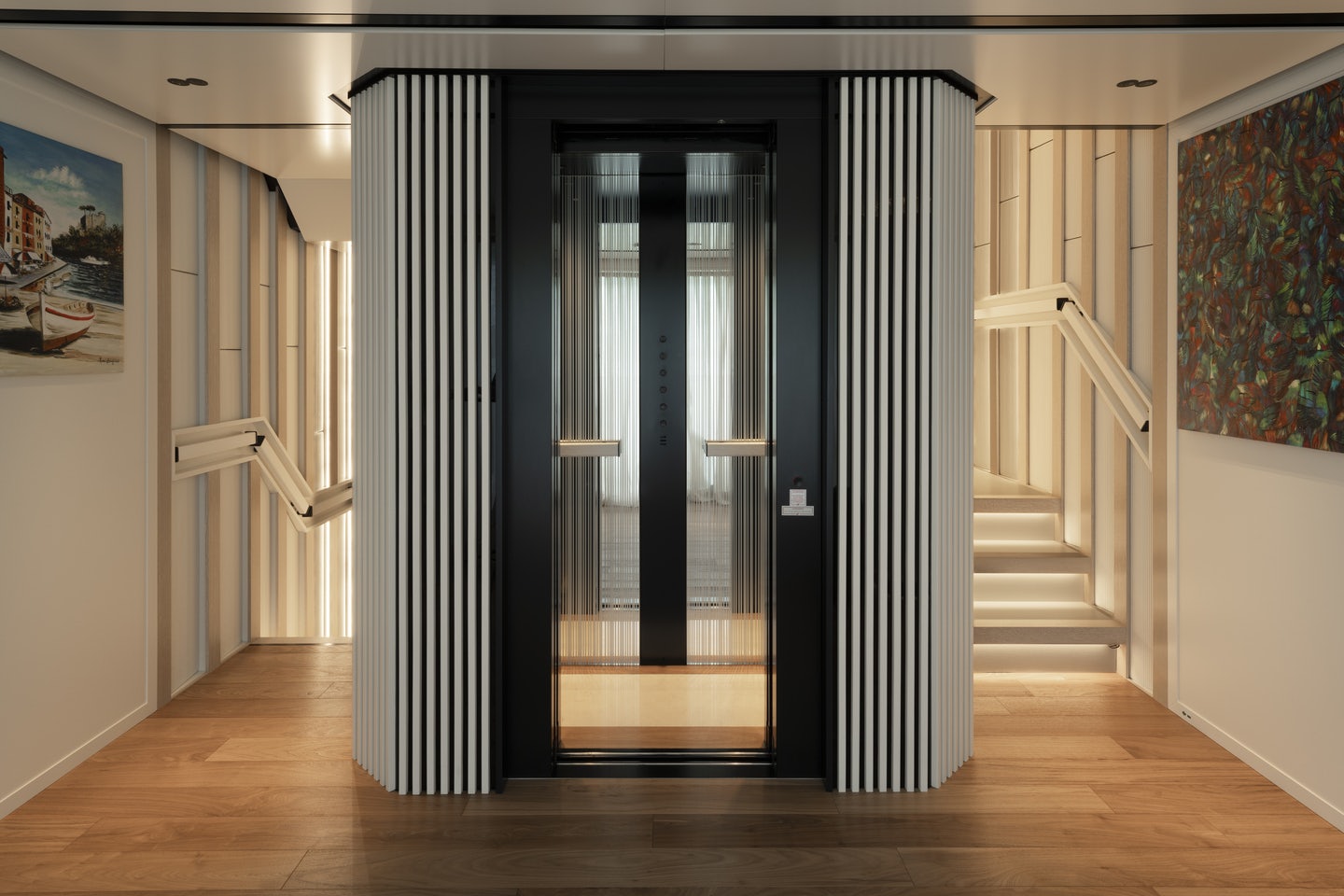 a room with a door and a painting on the wall aboard RIO Yacht for Charter