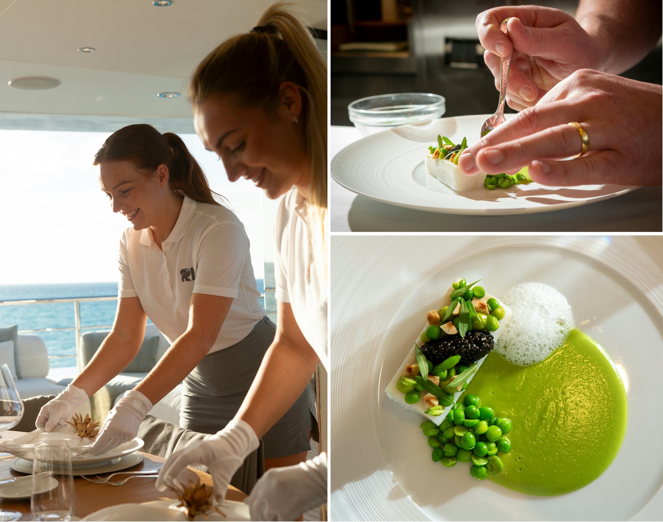 a collage of a woman eating food aboard RIO Yacht for Charter