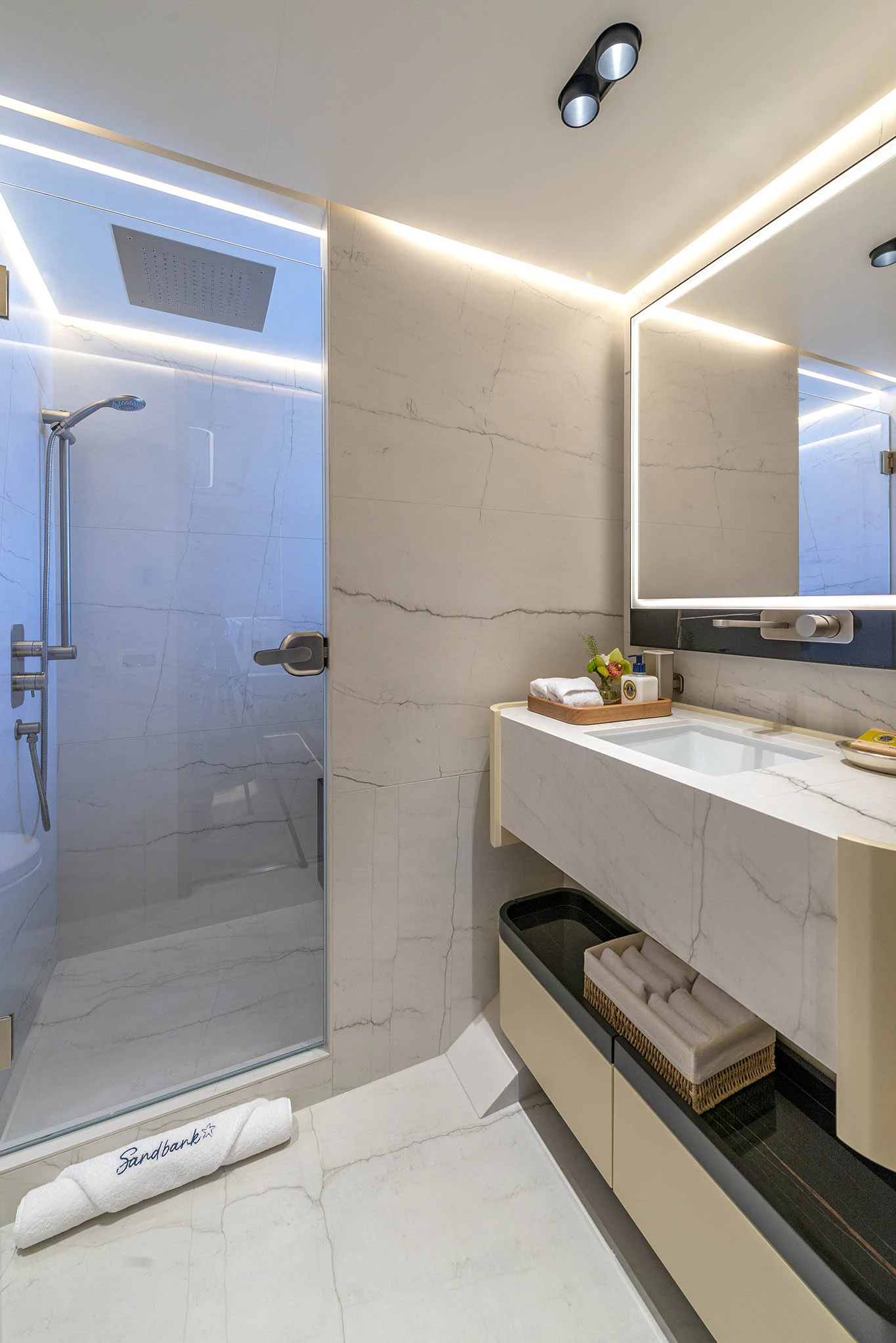 a bathroom with a shower and sink aboard ALKHADRA Yacht for Charter