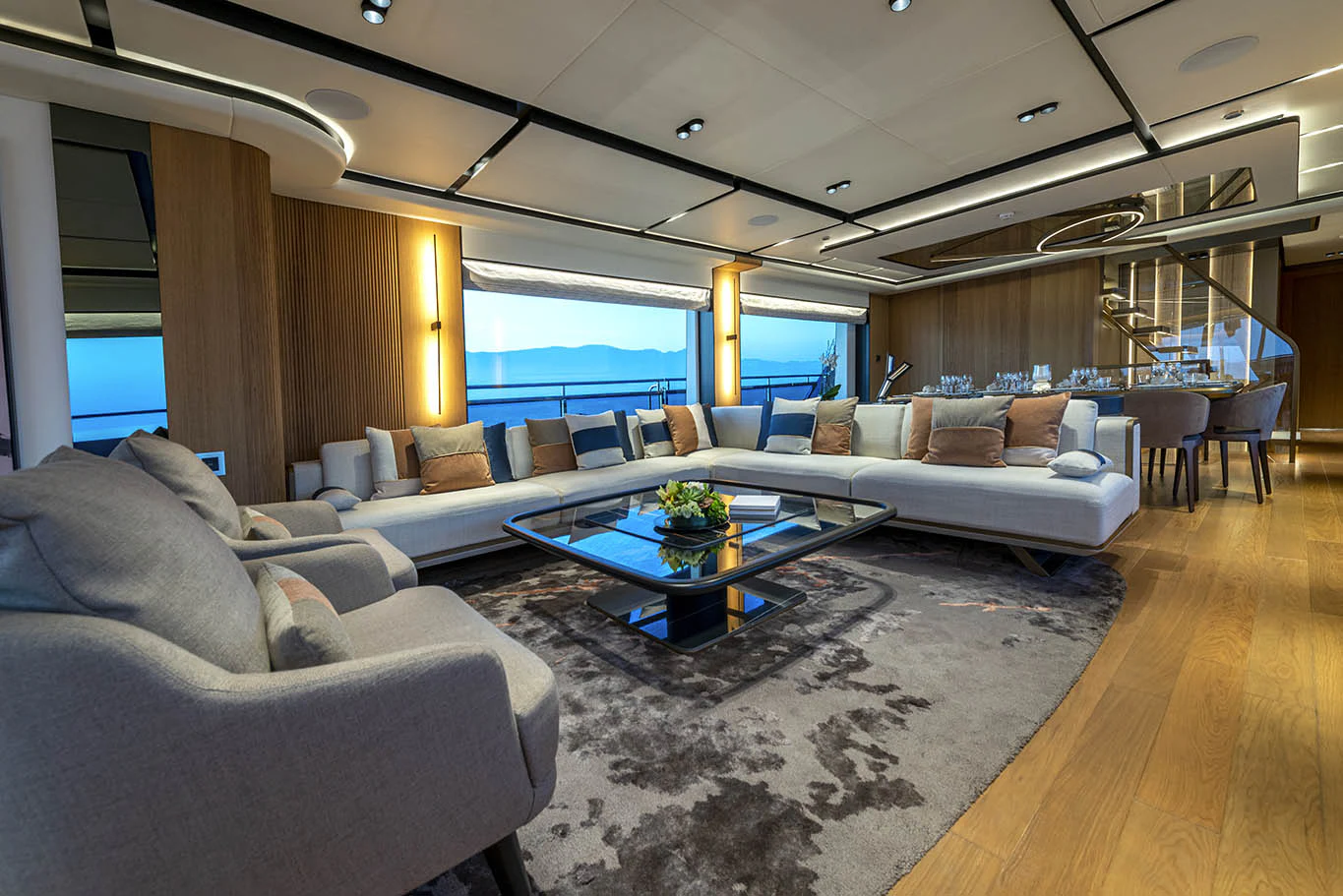 a living room with a large window aboard ALKHADRA Yacht for Charter
