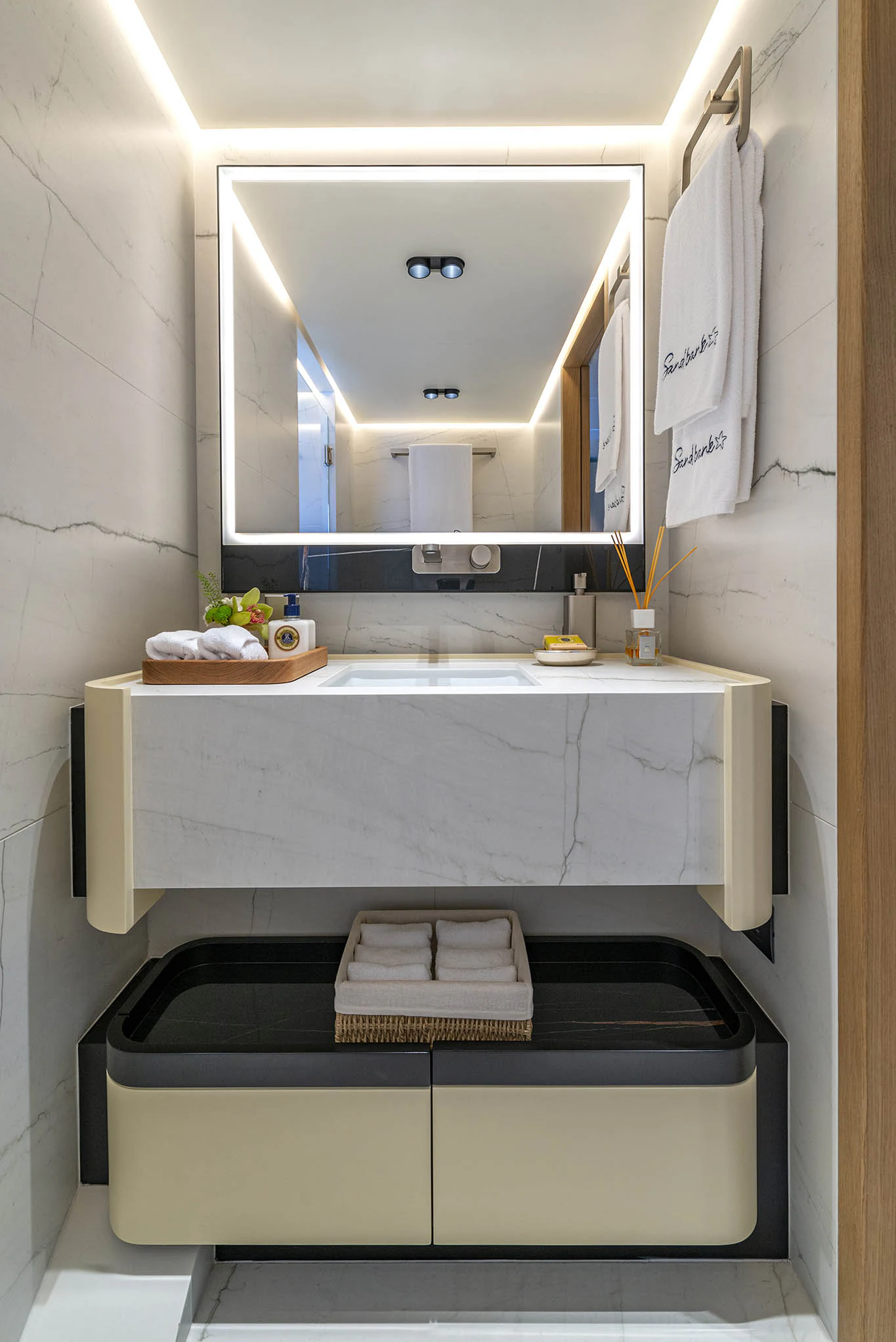 a bathroom with a mirror aboard ALKHADRA Yacht for Charter