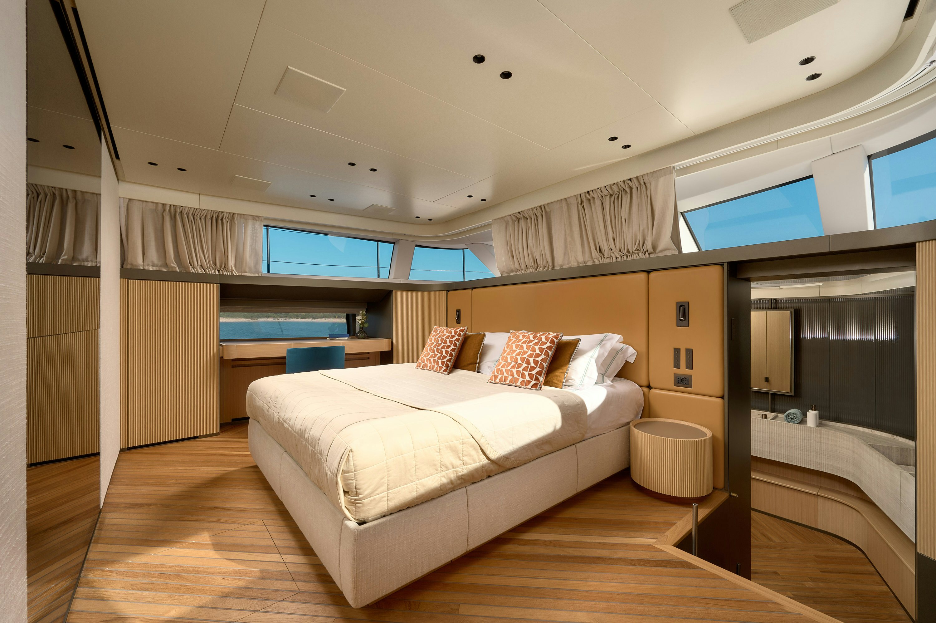 a room with a bed and a window aboard AZZURRI Yacht for Charter