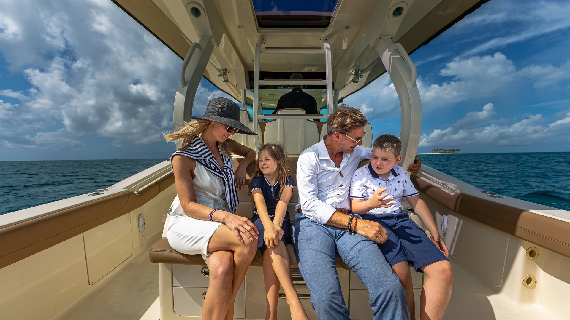 a group of people sitting on a boat aboard HIGHLANDER Yacht for Charter