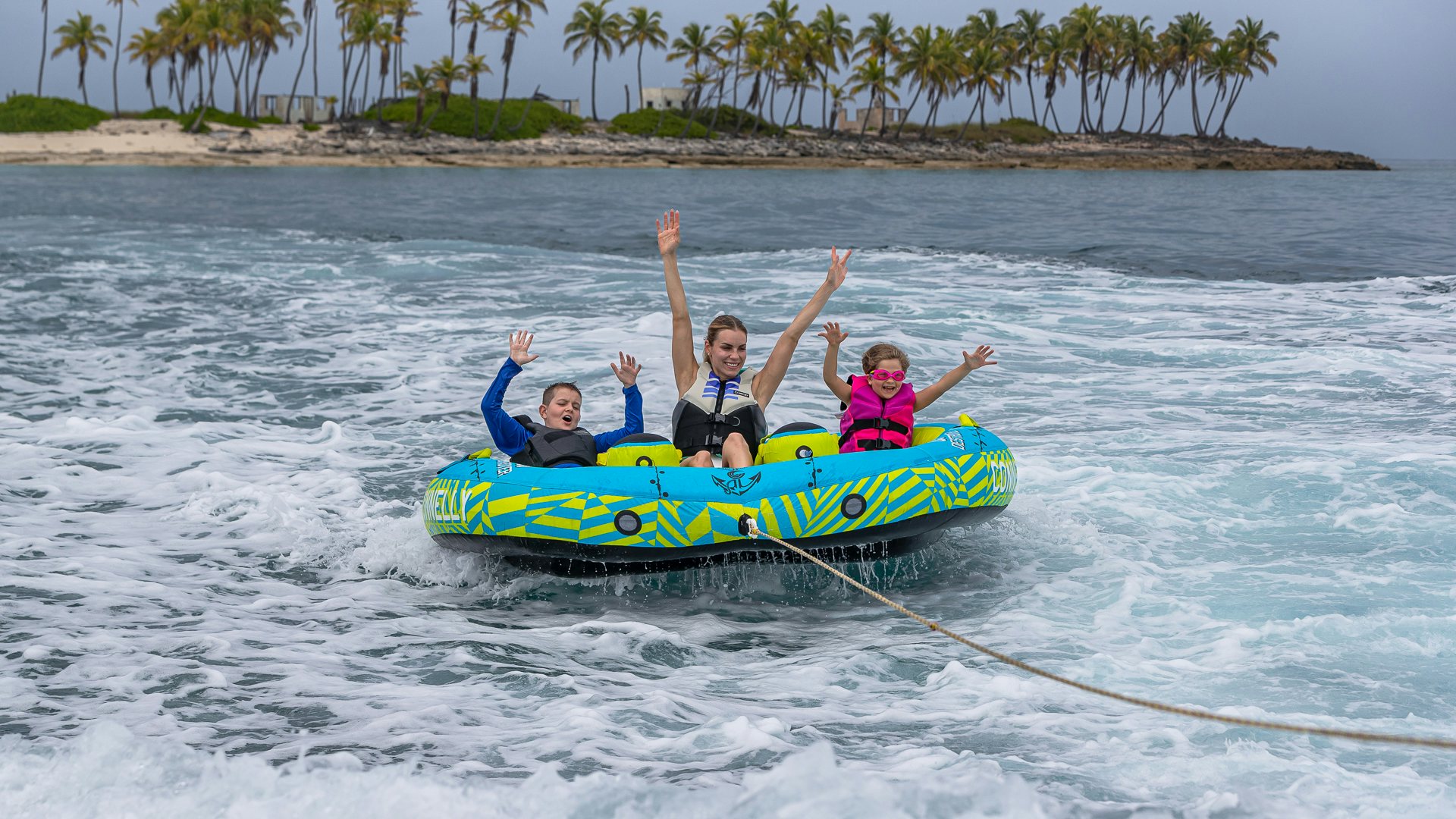 a group of people on a raft aboard HIGHLANDER Yacht for Charter