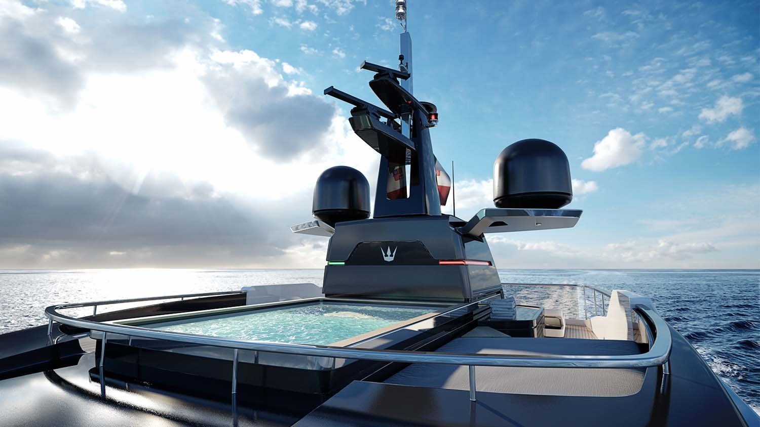 a boat with a satellite dish on it aboard OCEAN KING DOGE 350 Yacht for Sale