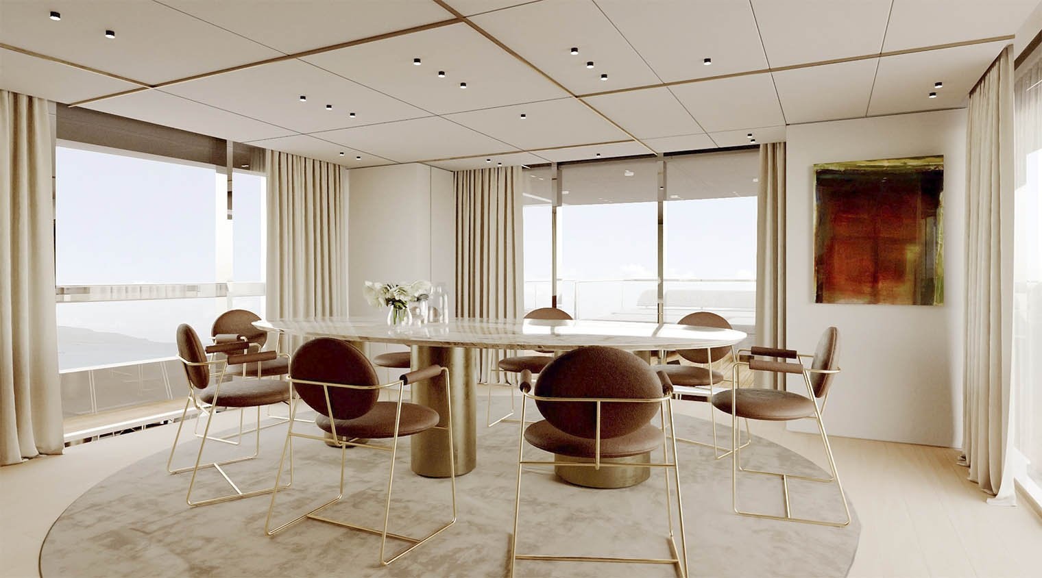 a room with a table chairs and a large window aboard OCEAN KING DOGE 350 Yacht for Sale