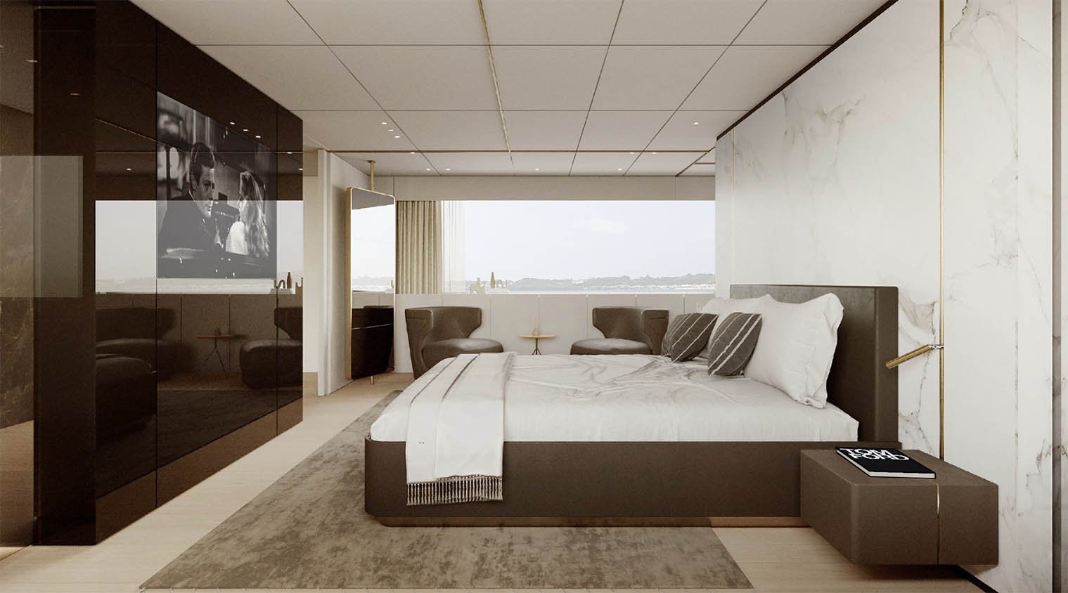 a bedroom with a large bed aboard OCEAN KING DOGE 350 Yacht for Sale