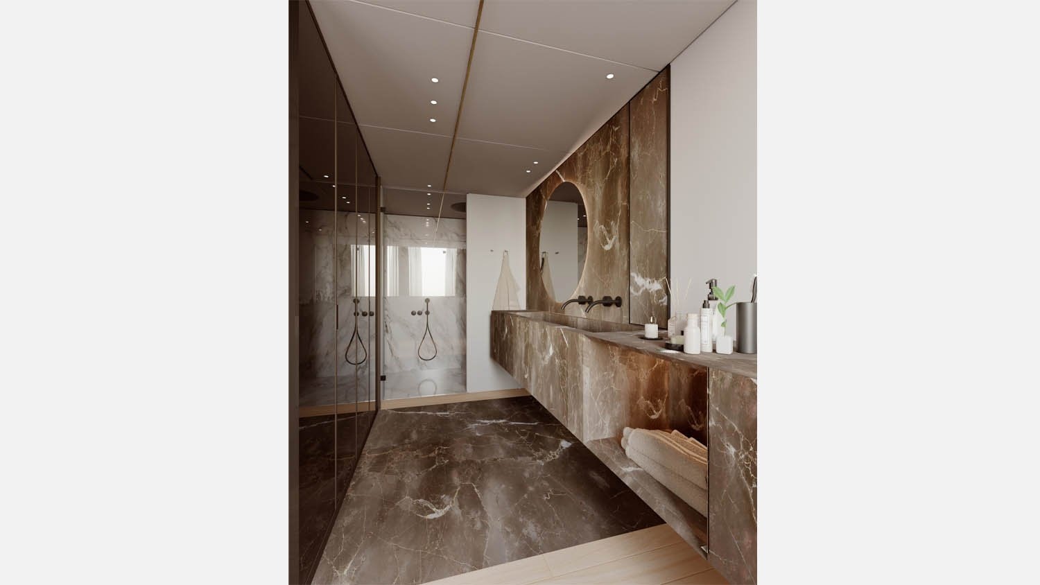 a long wooden hallway aboard OCEAN KING DOGE 350 Yacht for Sale