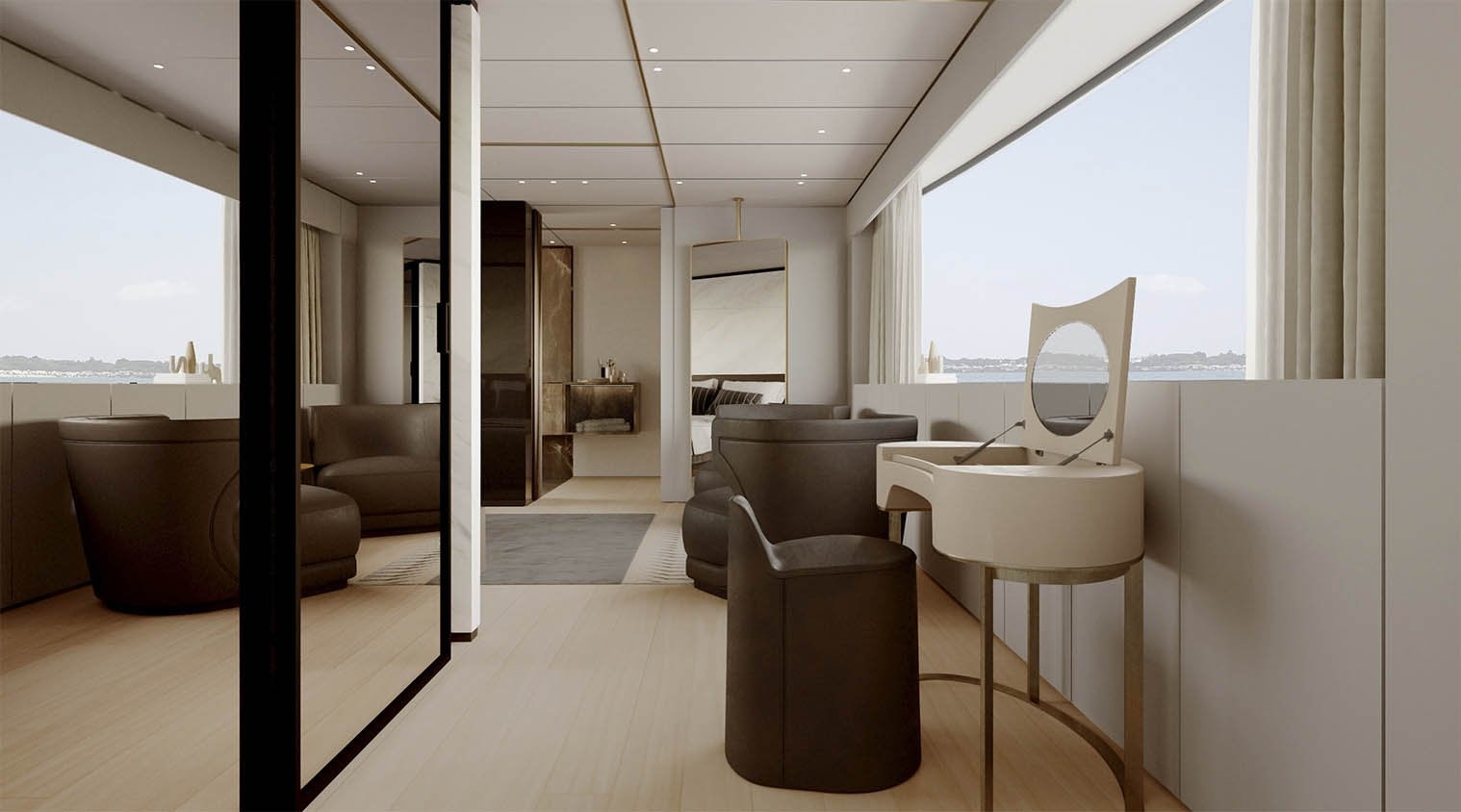 a room with a table and chairs aboard OCEAN KING DOGE 350 Yacht for Sale