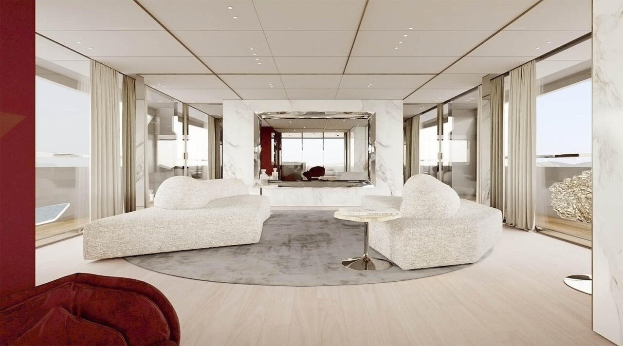 a room with white furniture aboard OCEAN KING DOGE 350 Yacht for Sale