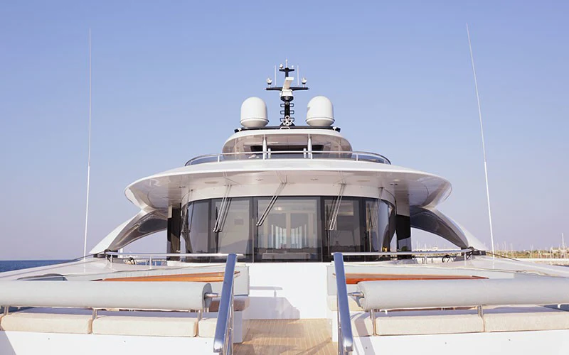 a white boat with a domed roof aboard SHU U RITE Yacht for Sale