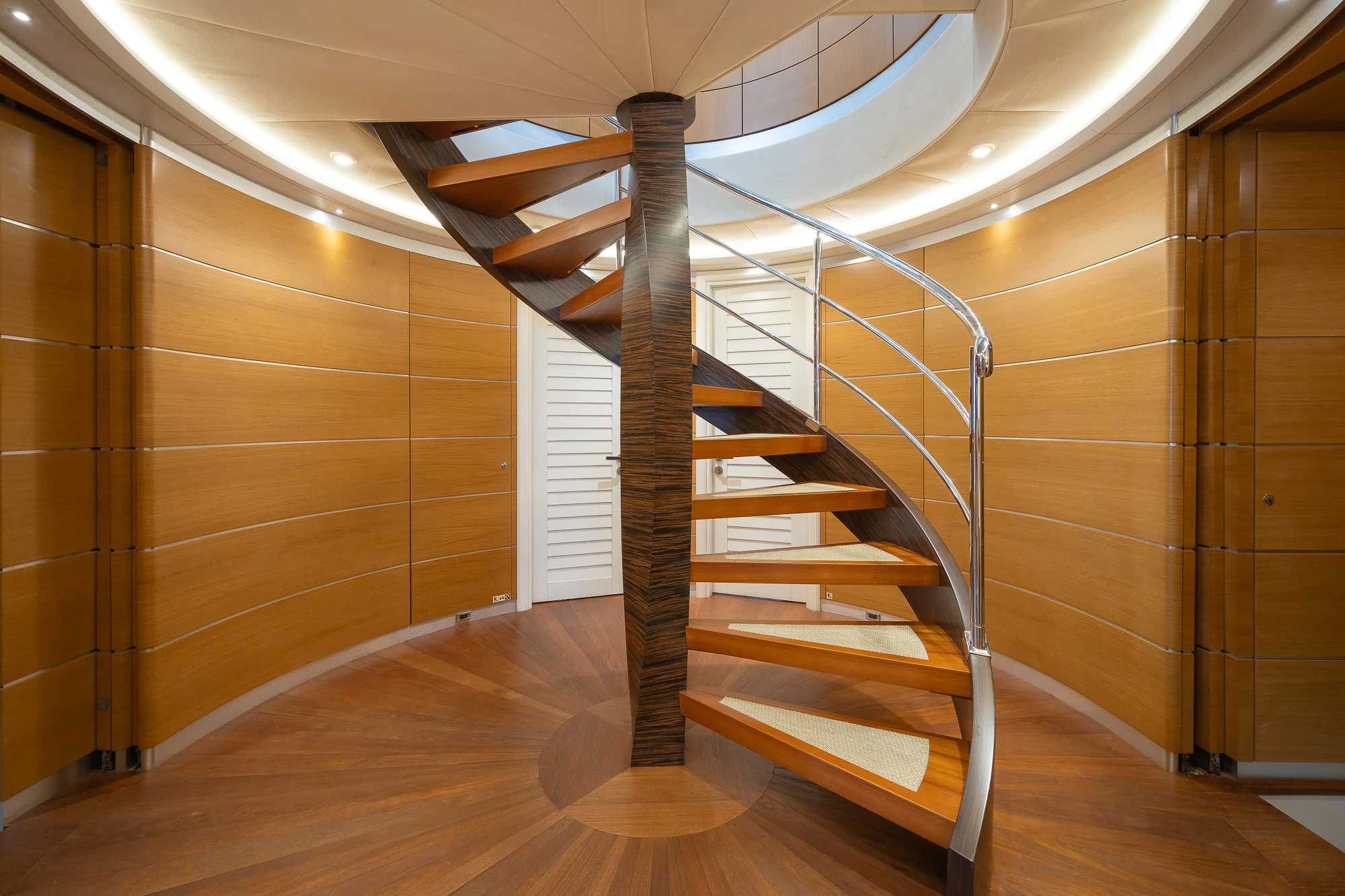 a wooden staircase in a building aboard SHU U RITE Yacht for Sale