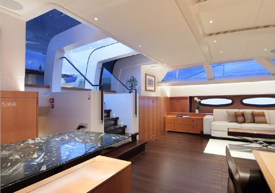 a modern looking living room aboard MIRASOL Yacht for Sale