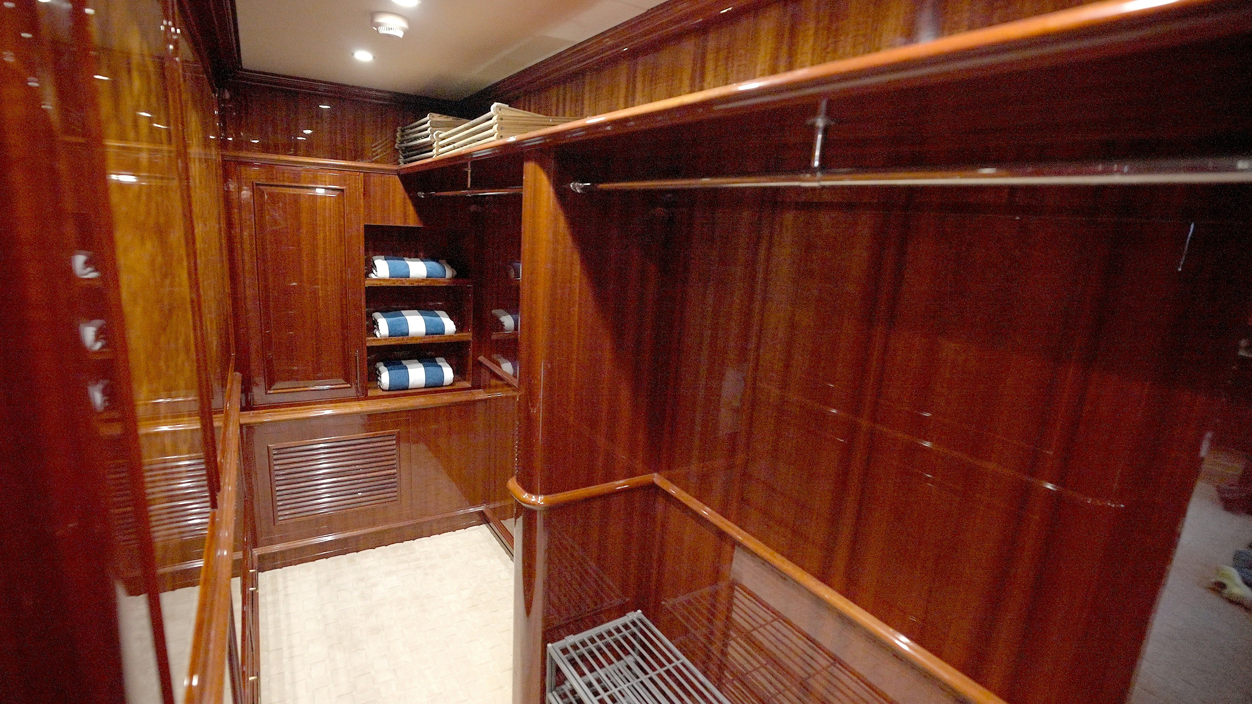 a wooden room with wooden walls aboard HOMECOMING Yacht for Sale