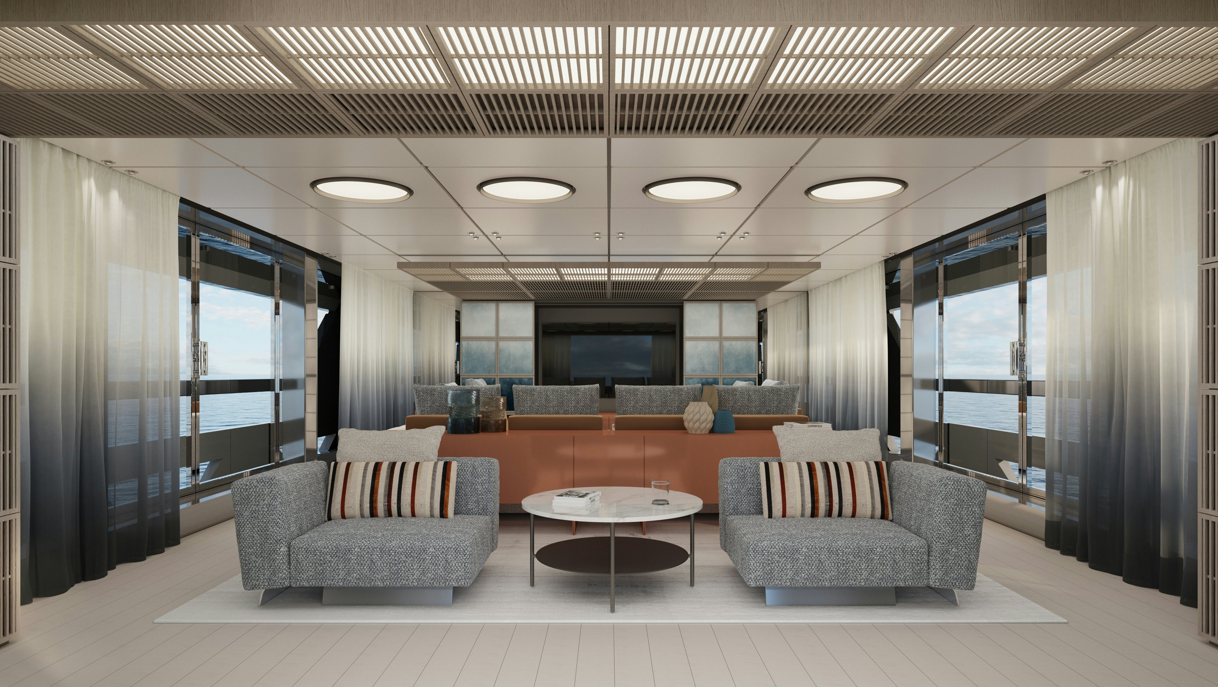 a room with couches and a table aboard OCEAN KING DOGE 400 Yacht for Sale