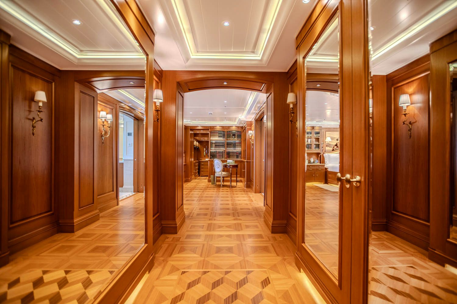 a hallway with glass doors aboard SEA OWL Yacht for Charter