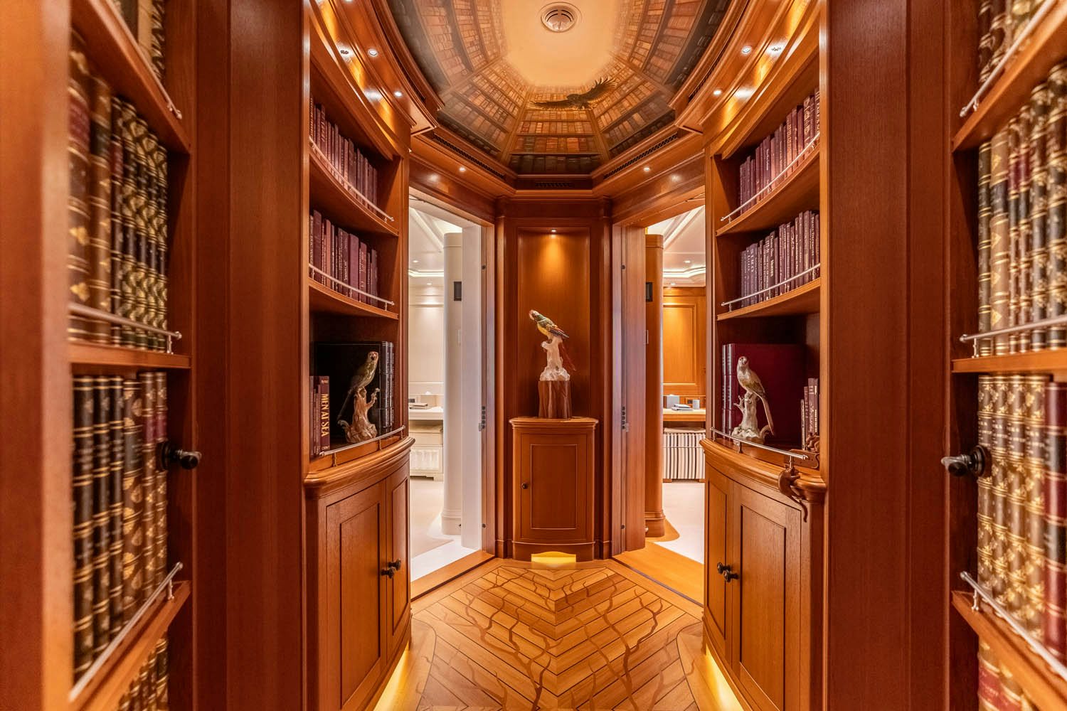 a room with a wood ceiling and a wood door aboard SEA OWL Yacht for Charter