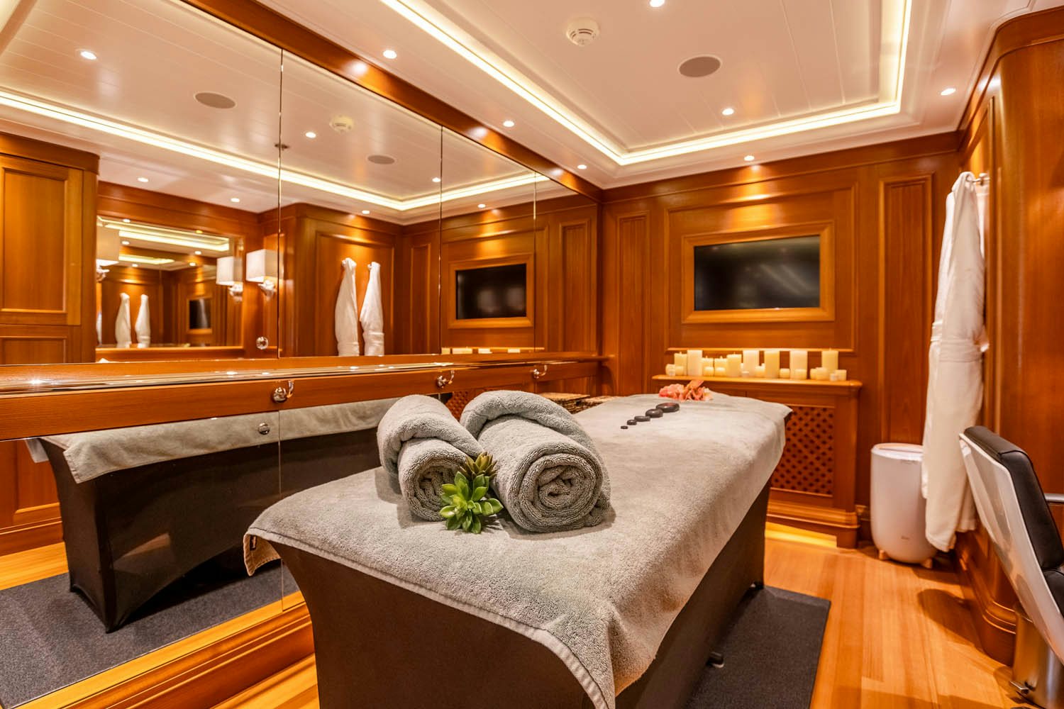 a large bathroom with a large bed aboard SEA OWL Yacht for Charter