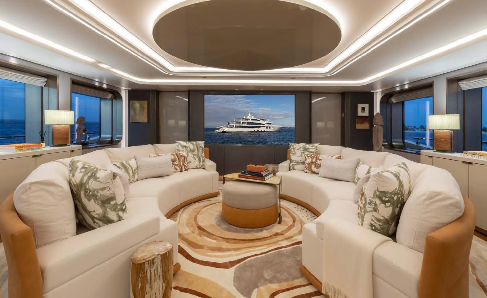 a living room with a large window aboard MOONSTONE Yacht for Sale