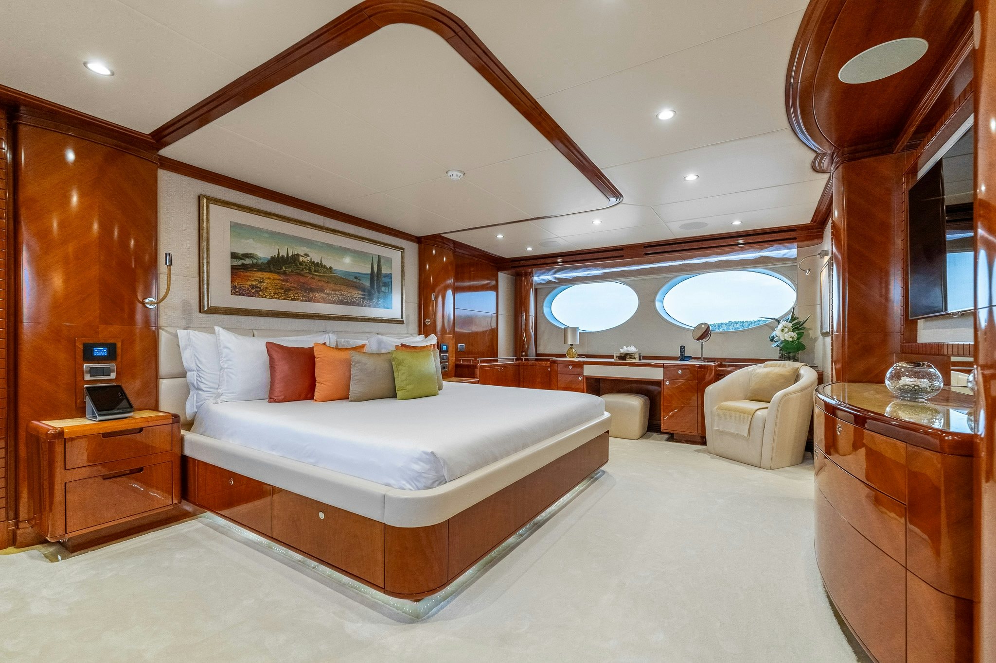 a large bedroom with a large bed aboard GRAND CRU Yacht for Sale