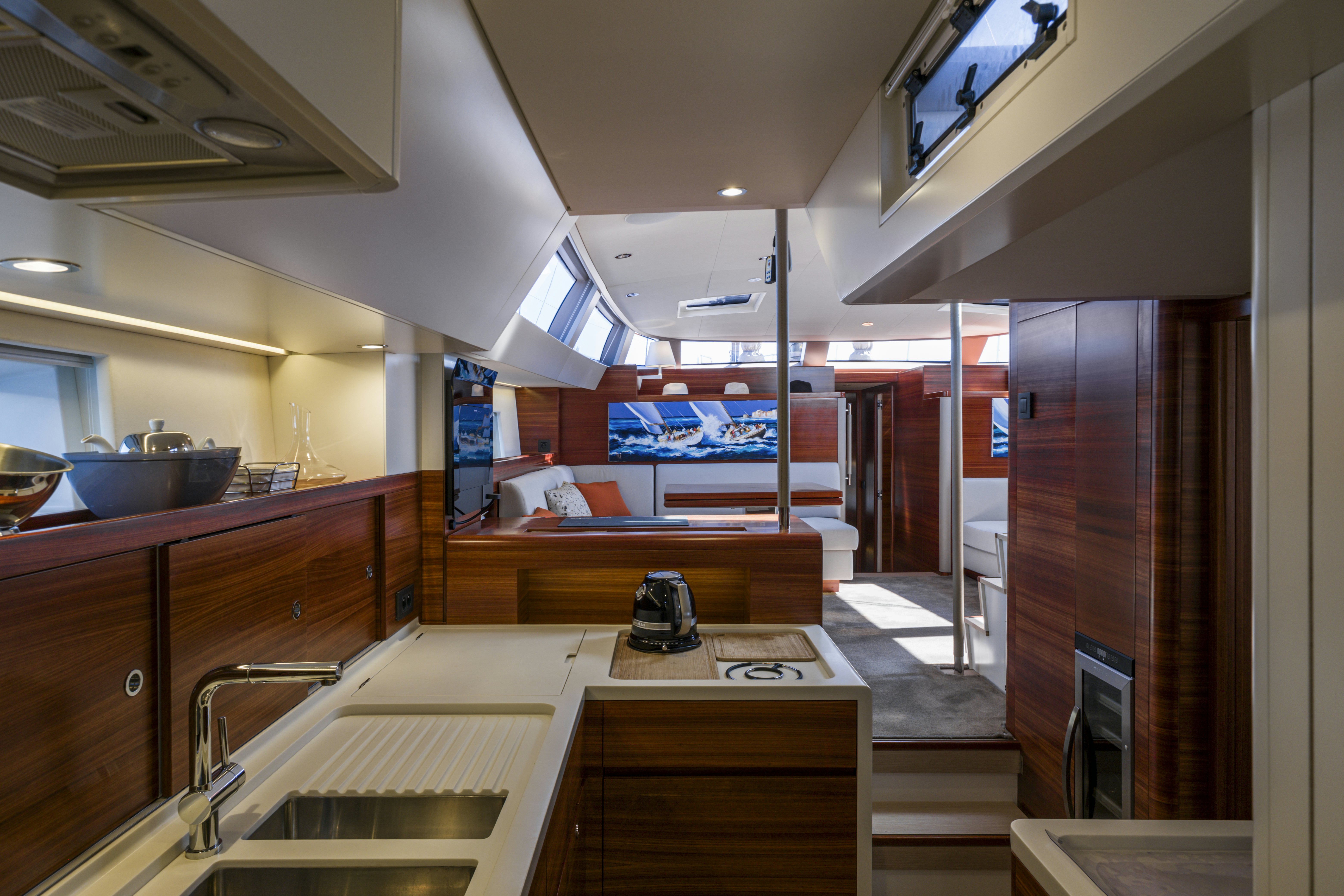a kitchen with a large counter aboard DREAM ON Yacht for Sale