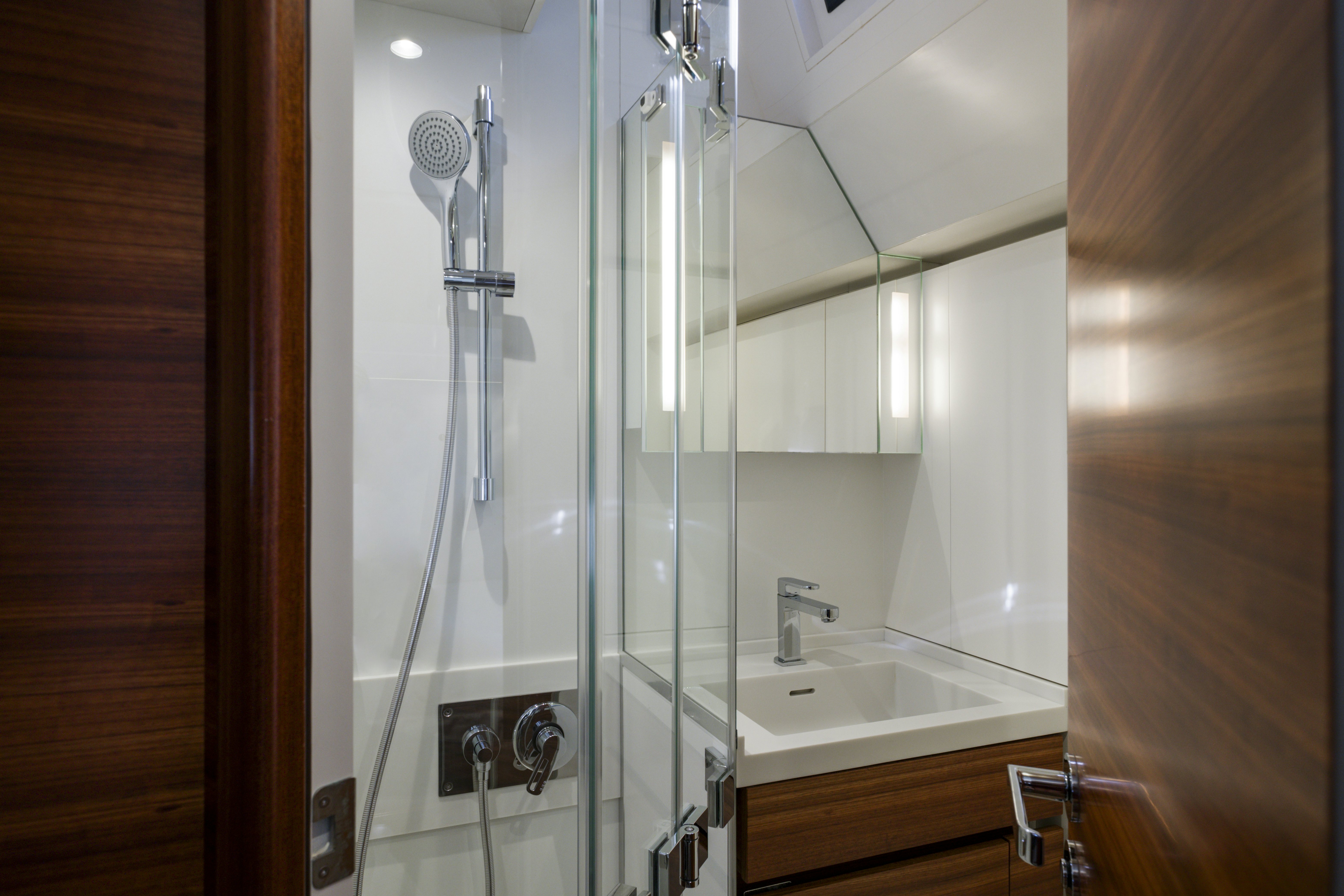 a shower unit in a bathroom aboard DREAM ON Yacht for Sale