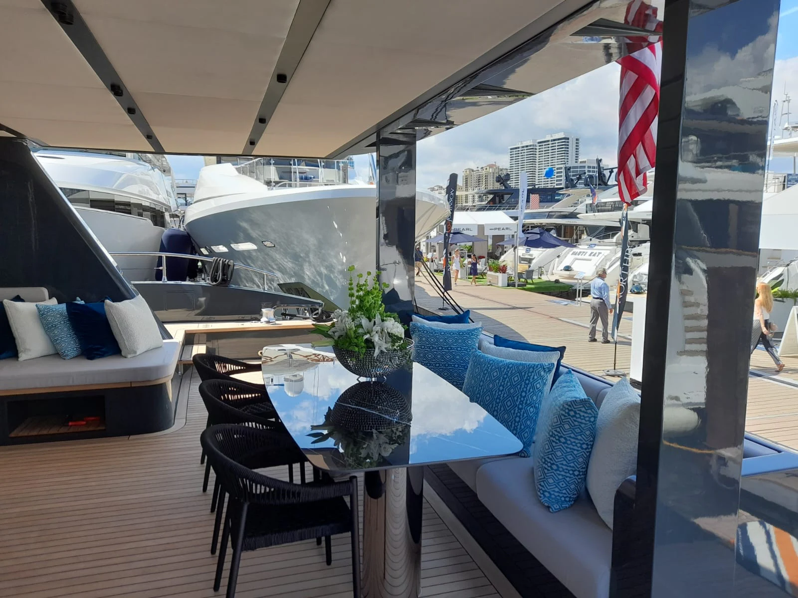 a table with a flag on it aboard FLAGSHIP Yacht for Sale
