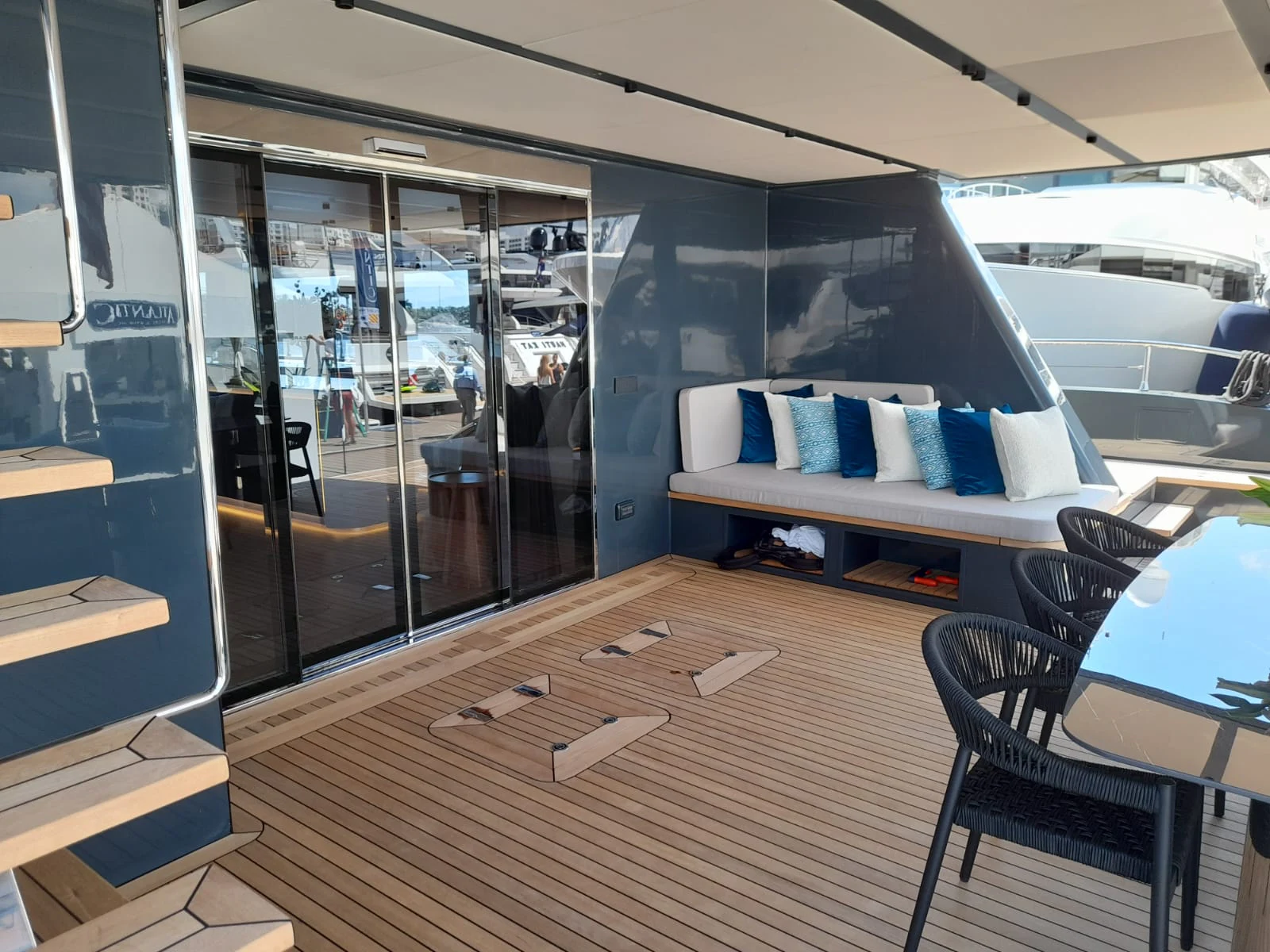 a room with a bed and a table aboard FLAGSHIP Yacht for Sale