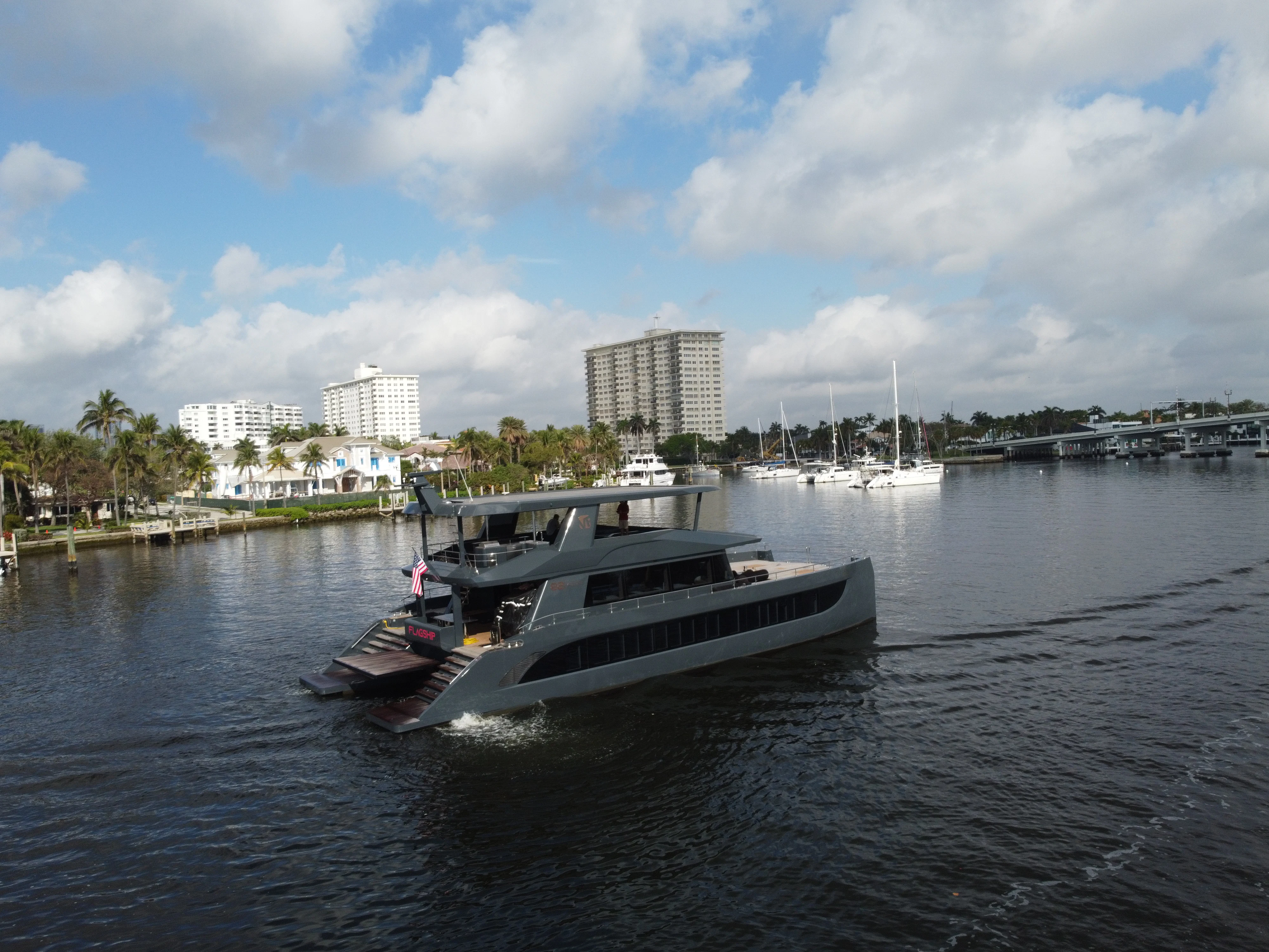 a boat on the water aboard FLAGSHIP Yacht for Sale