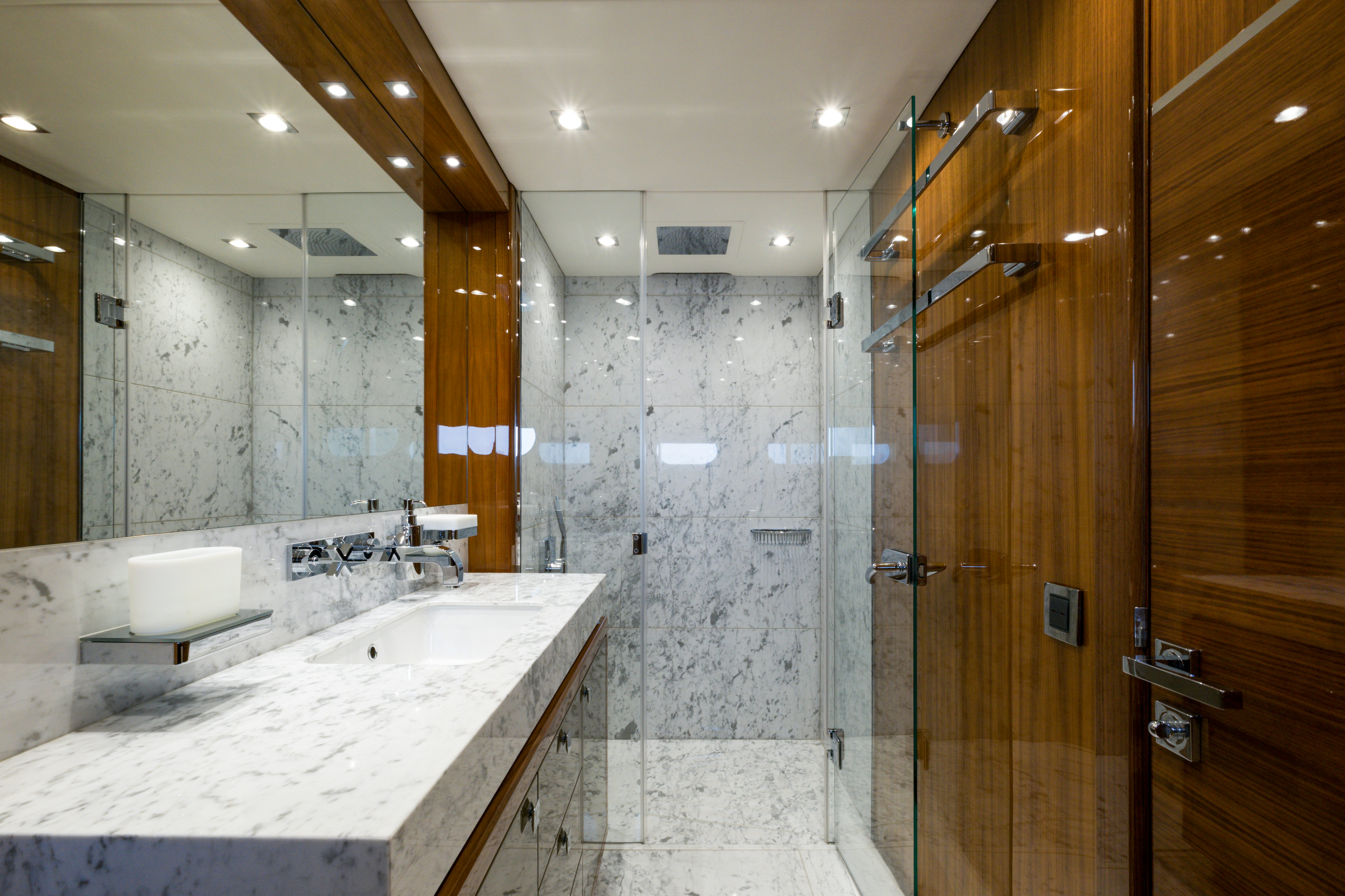 a bathroom with a large countertop aboard MERCY OCEANS Yacht for Sale