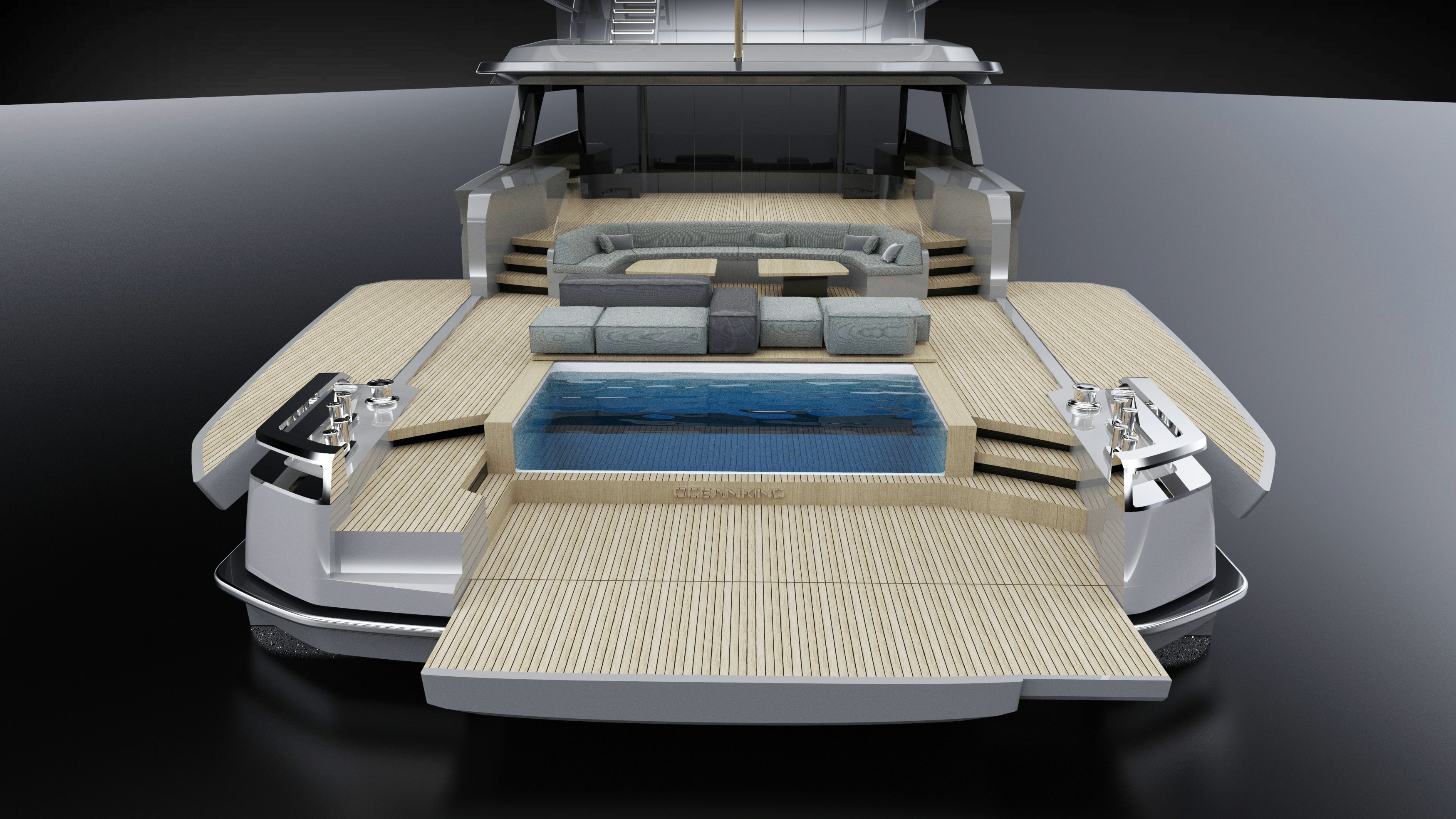 a white and blue striped bed aboard OCEAN KING DOGE 500 Yacht for Sale