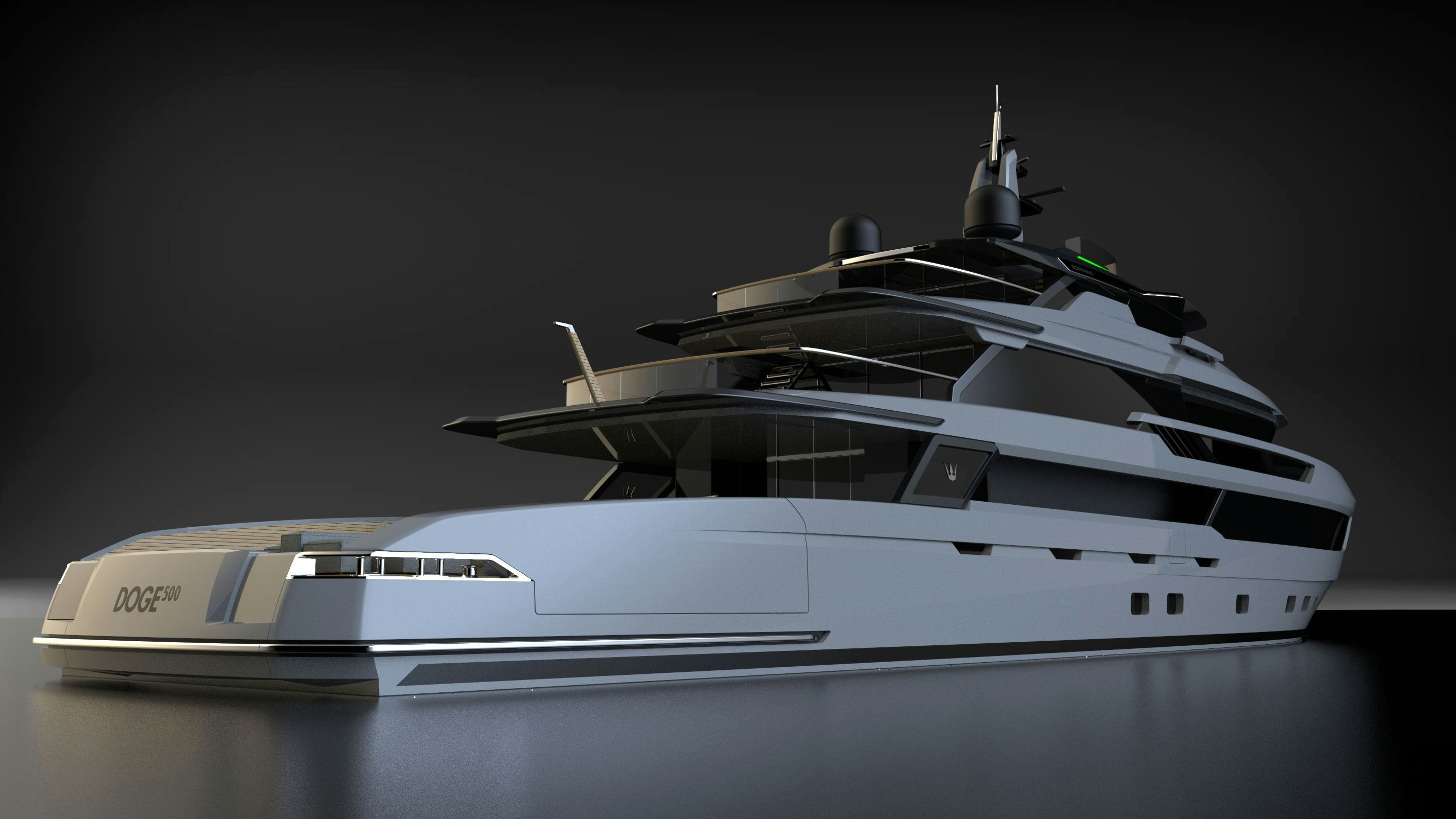 a white yacht with a black background aboard OCEAN KING DOGE 500 Yacht for Sale