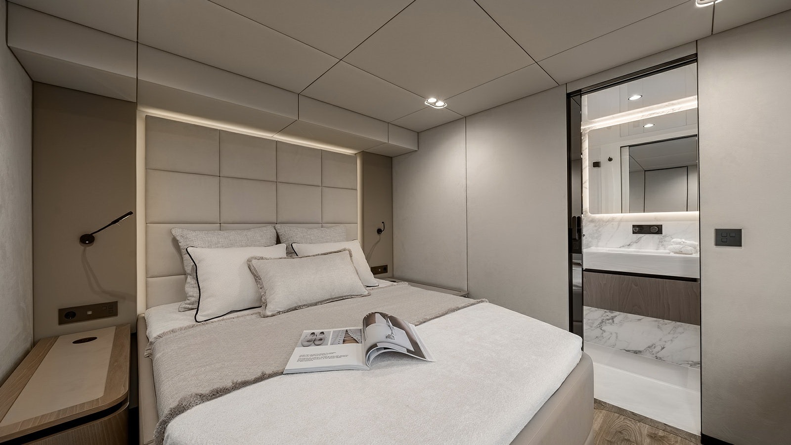 a bed in a room aboard AMILEO Yacht for Charter