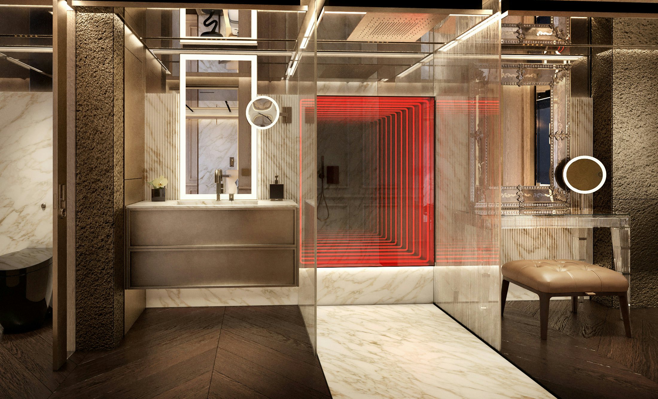 a bathroom with a tub and a bench aboard S-FORCE 55 HULL #4 Yacht for Sale