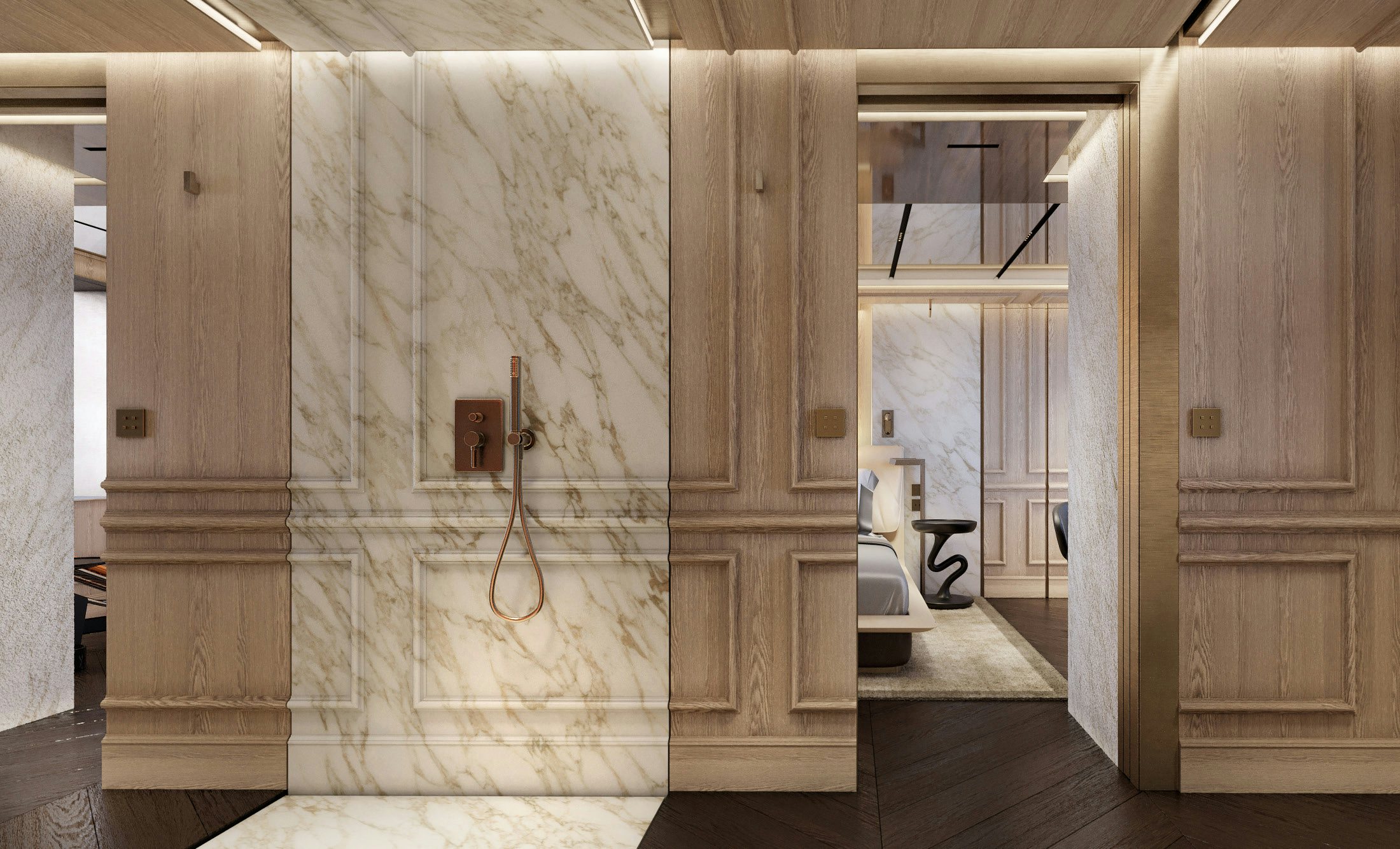 a room with a wood door and a toilet aboard S-FORCE 55 HULL #4 Yacht for Sale