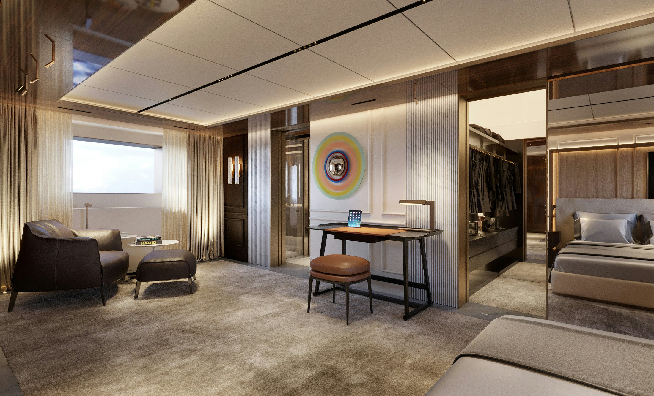 a room with a desk and couch aboard S-FORCE 55 HULL #4 Yacht for Sale