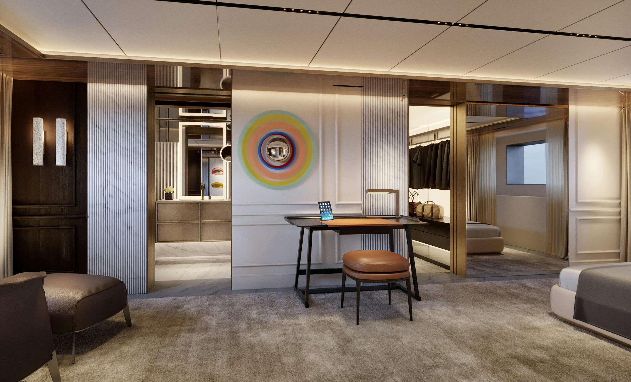 a room with a desk and chairs aboard S-FORCE 55 HULL #4 Yacht for Sale