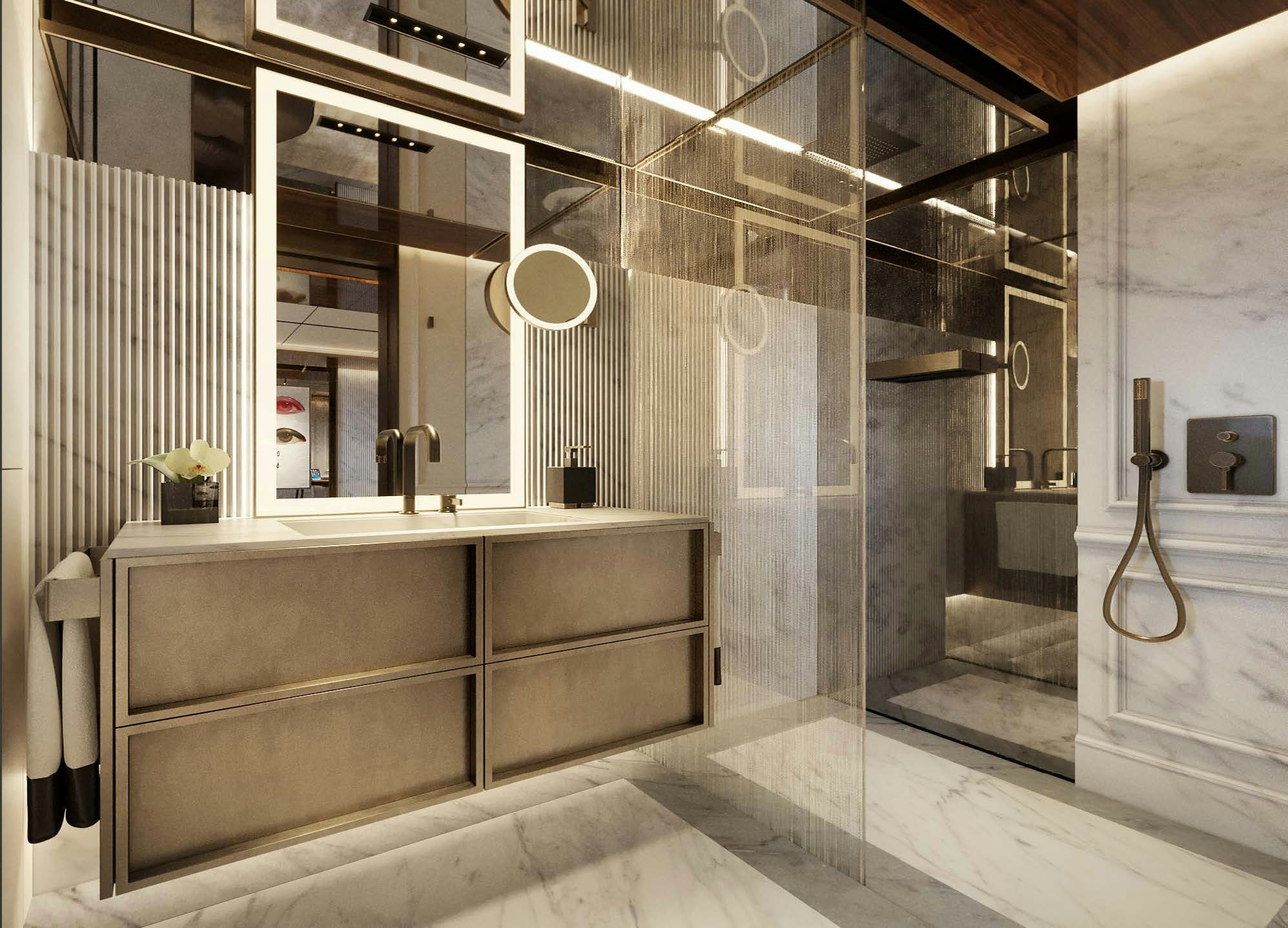 a bathroom with a glass shower aboard S-FORCE 55 HULL #4 Yacht for Sale