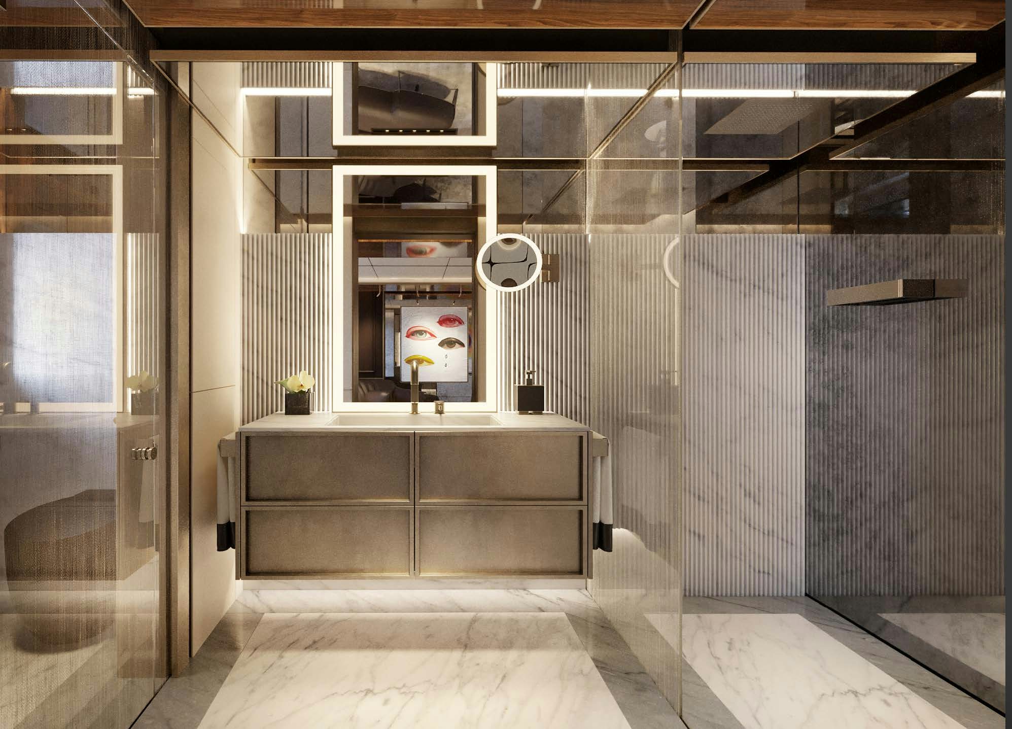 a bathroom with a large mirror aboard S-FORCE 55 HULL #4 Yacht for Sale