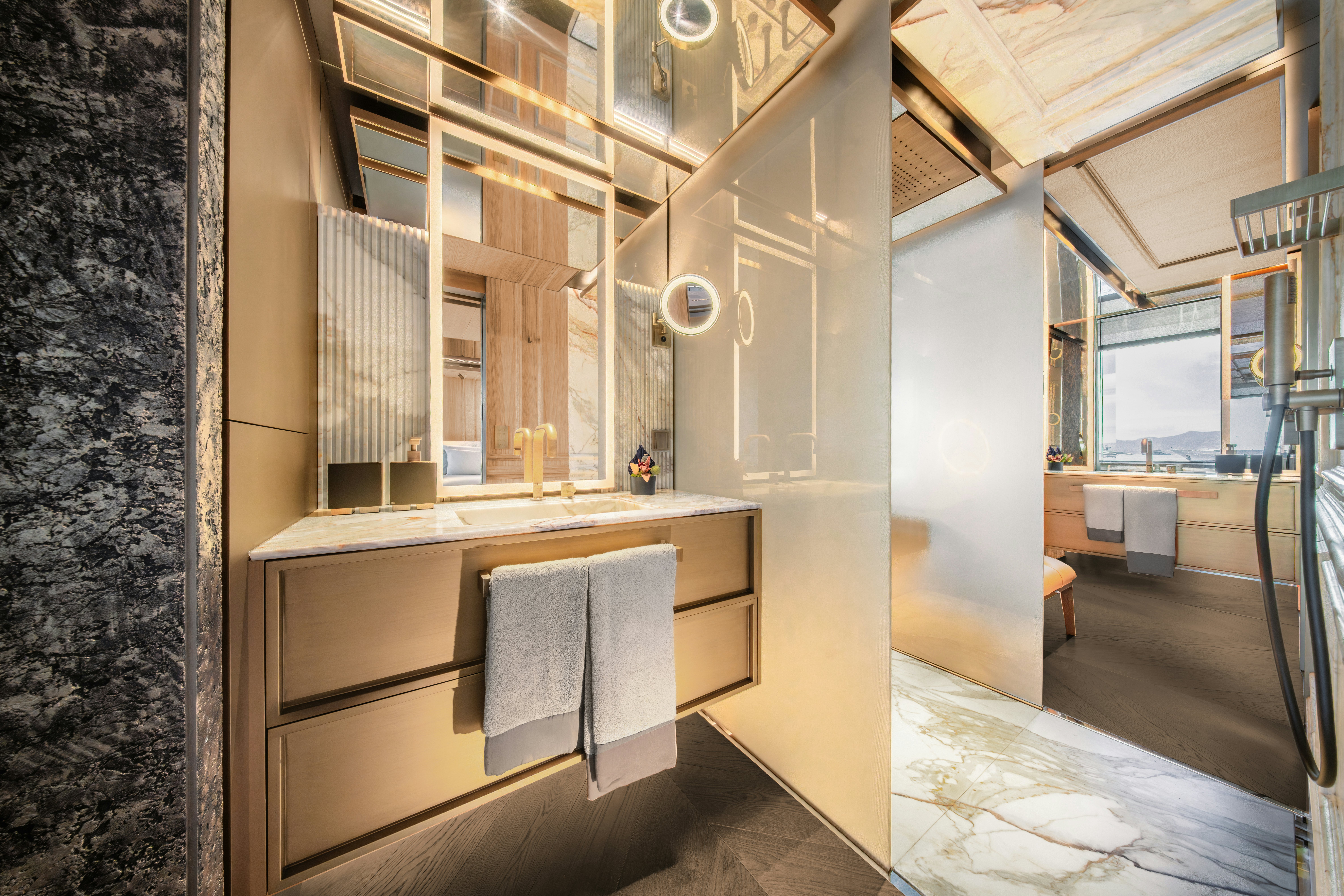 a bathroom with a countertop sink and a mirror aboard S-FORCE 55 HULL #4 Yacht for Sale