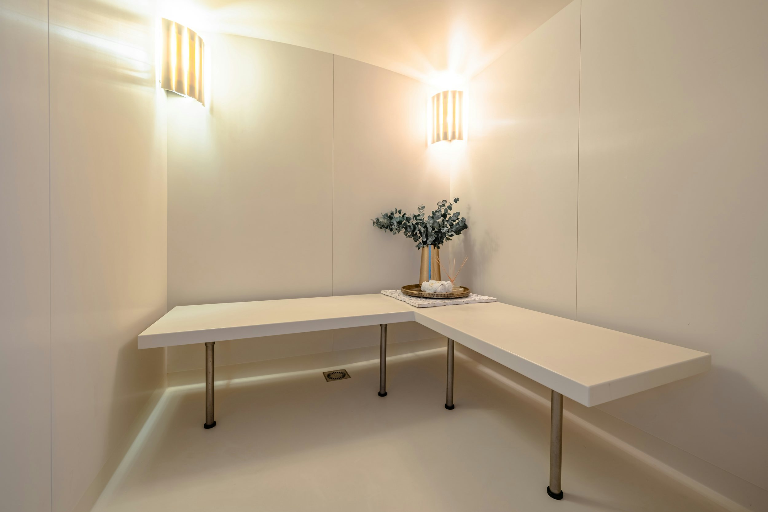 a white table with a plant on it aboard GLADIATOR Yacht for Charter