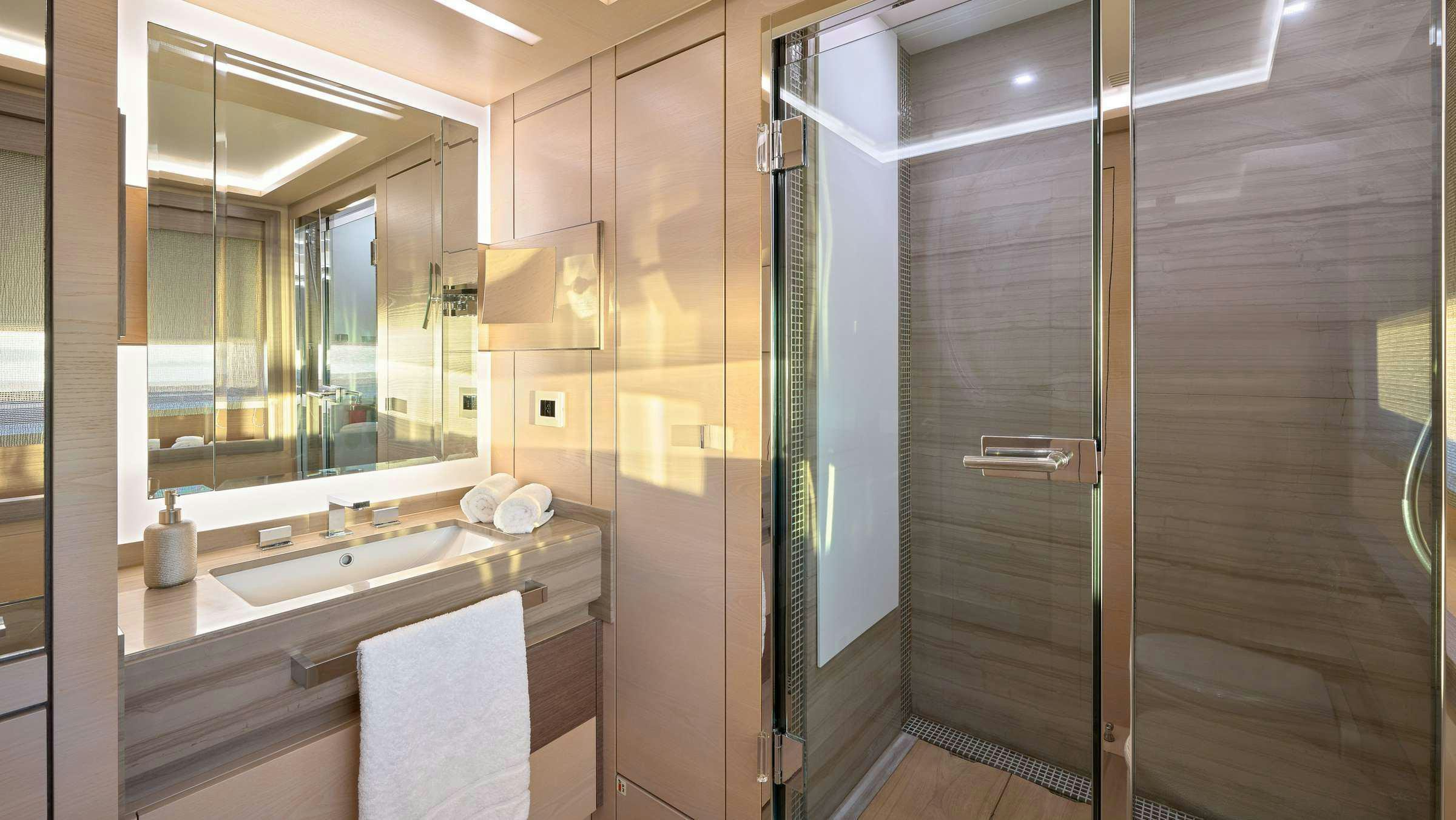 a bathroom with a large shower unit aboard OCEAN DRIVE Yacht for Charter