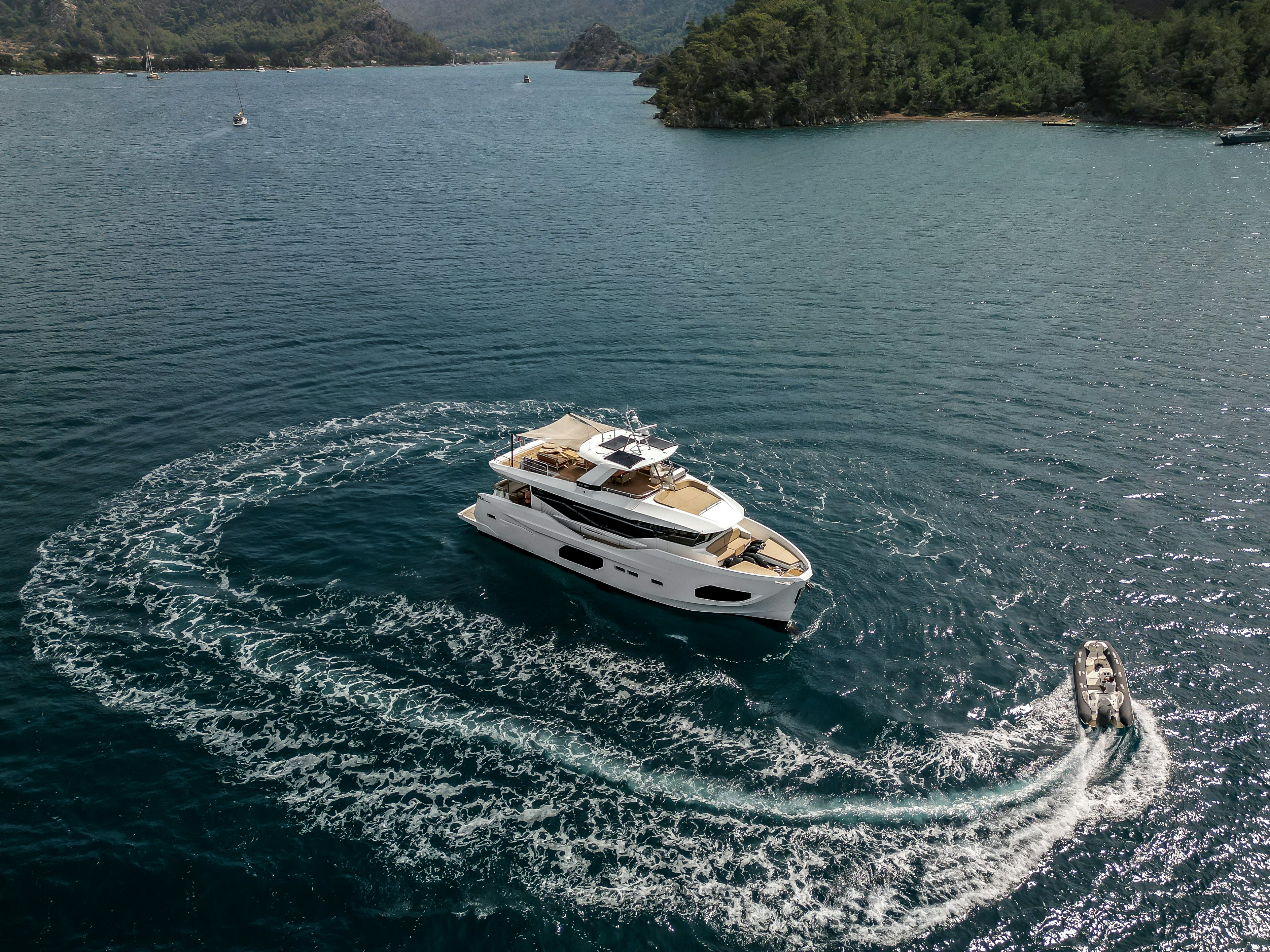 a dog on a boat in the water aboard LITTLE MERMAID Yacht for Sale
