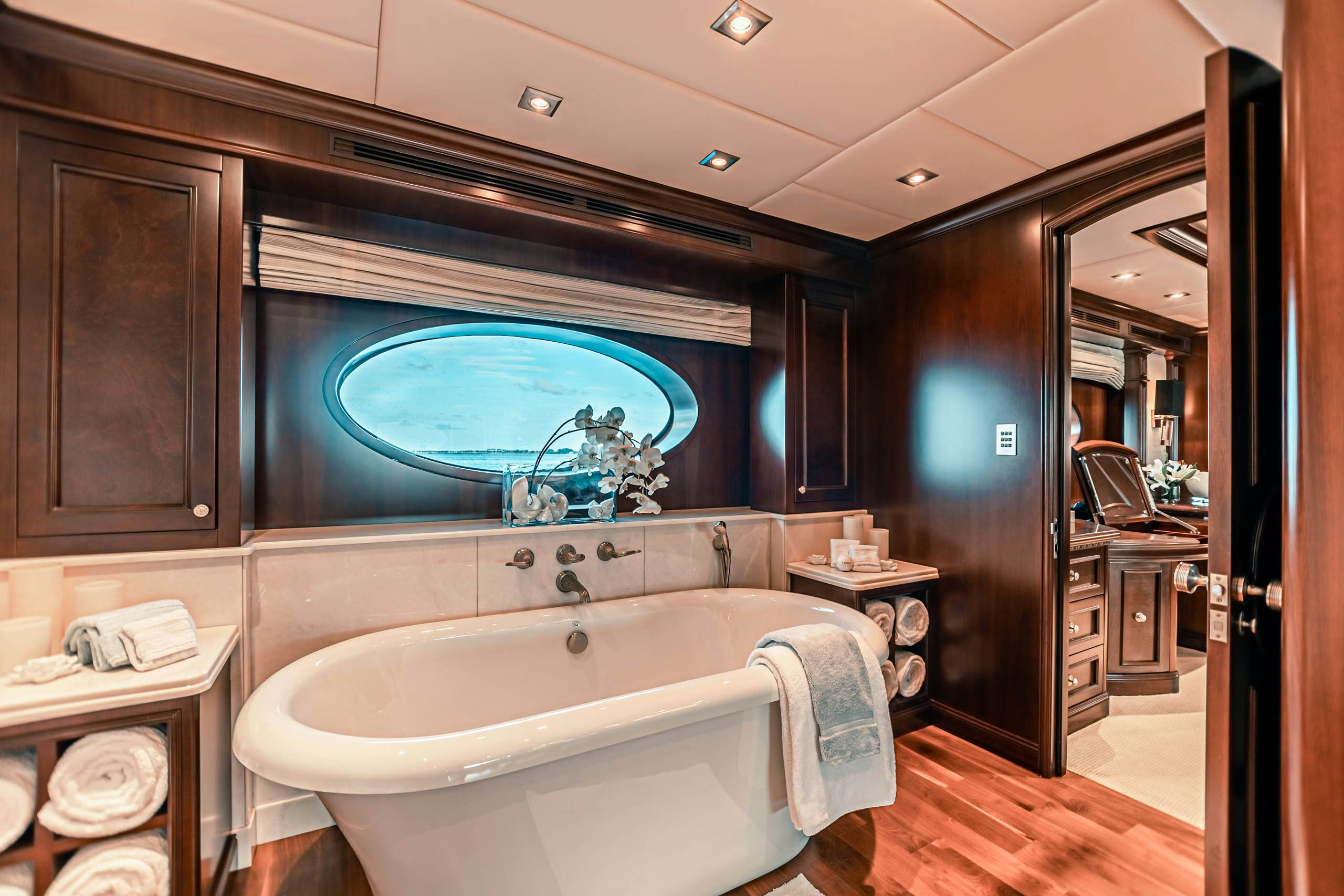 a bathroom with a large jacuzzi tub aboard MIRABELLA Yacht for Charter