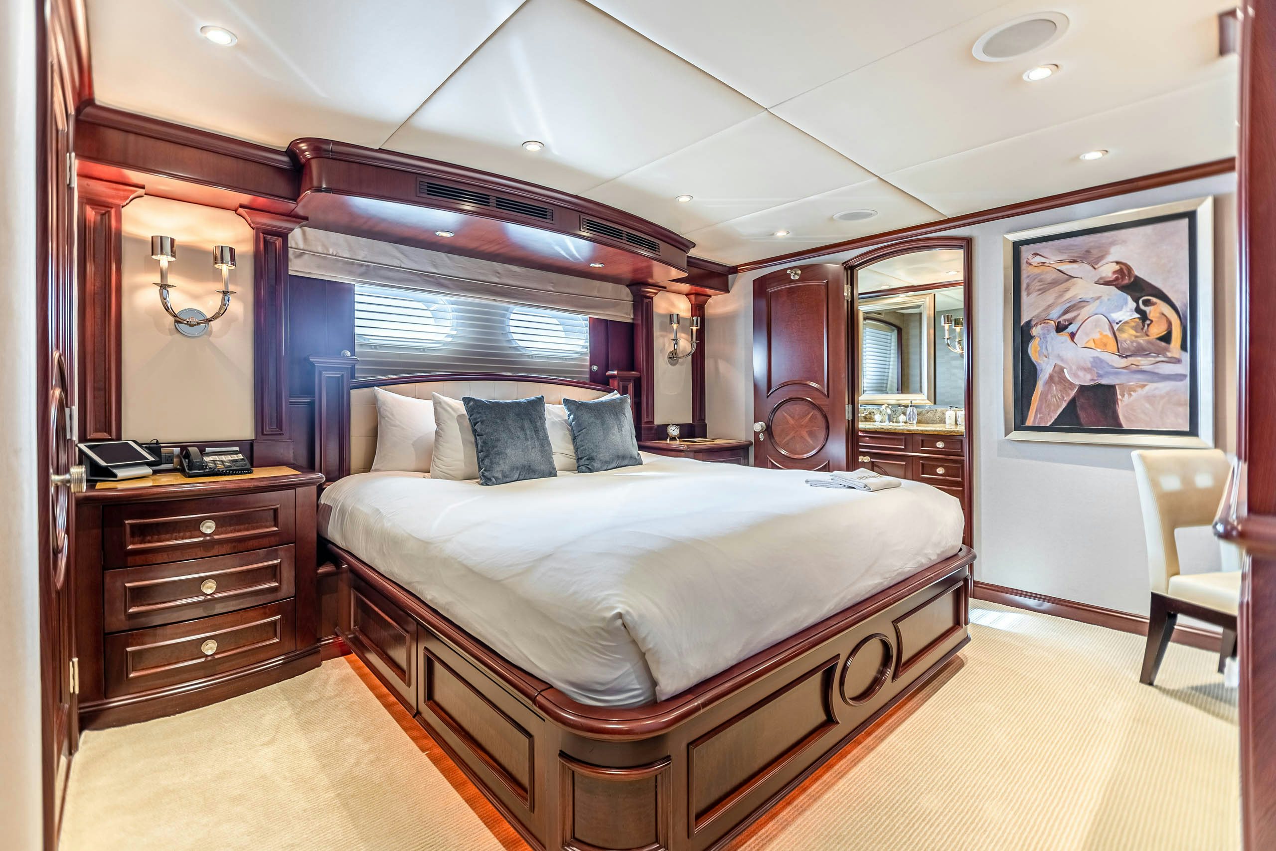 a large bedroom with a large bed aboard MIRABELLA Yacht for Charter