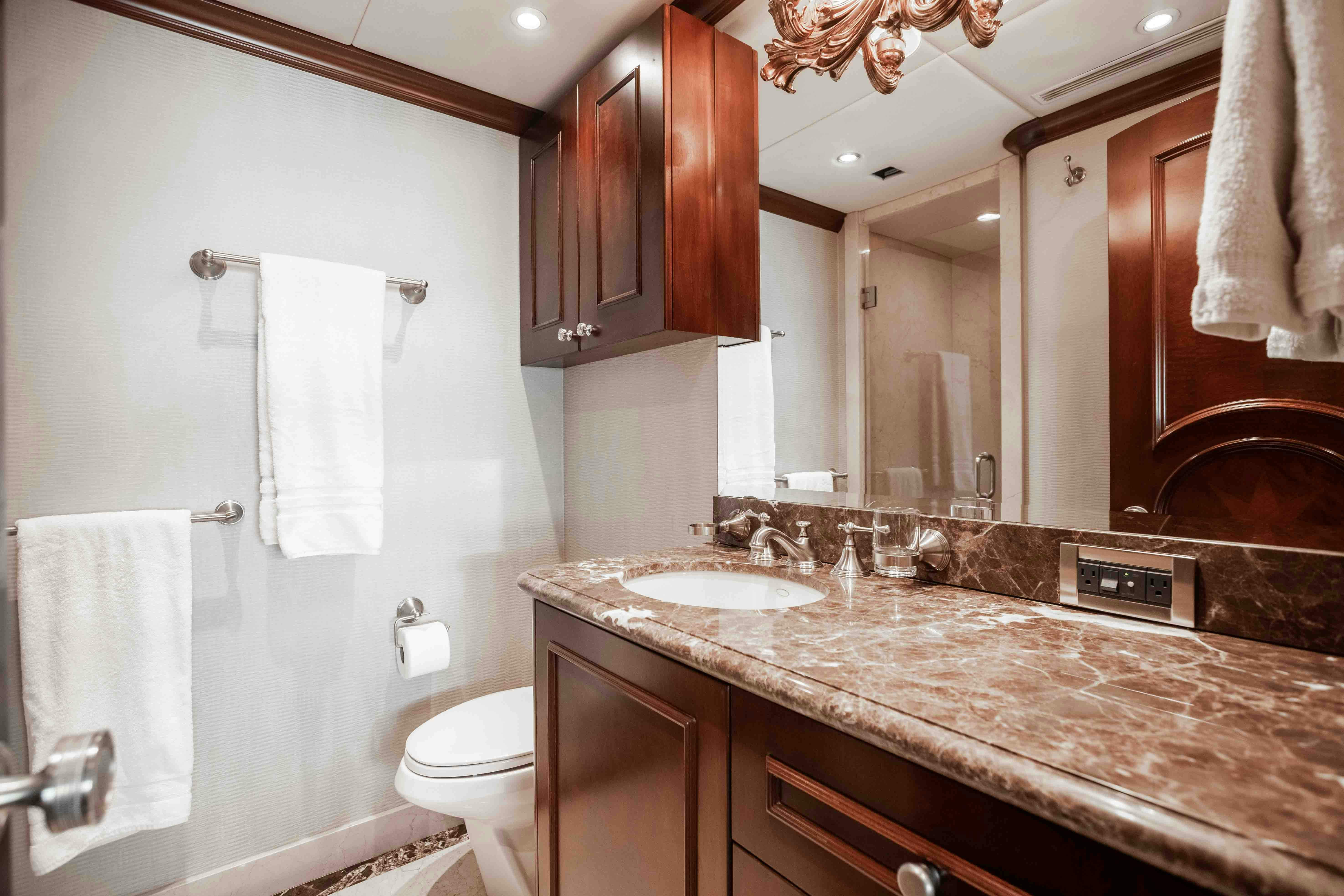a bathroom with a large countertop aboard MIRABELLA Yacht for Sale