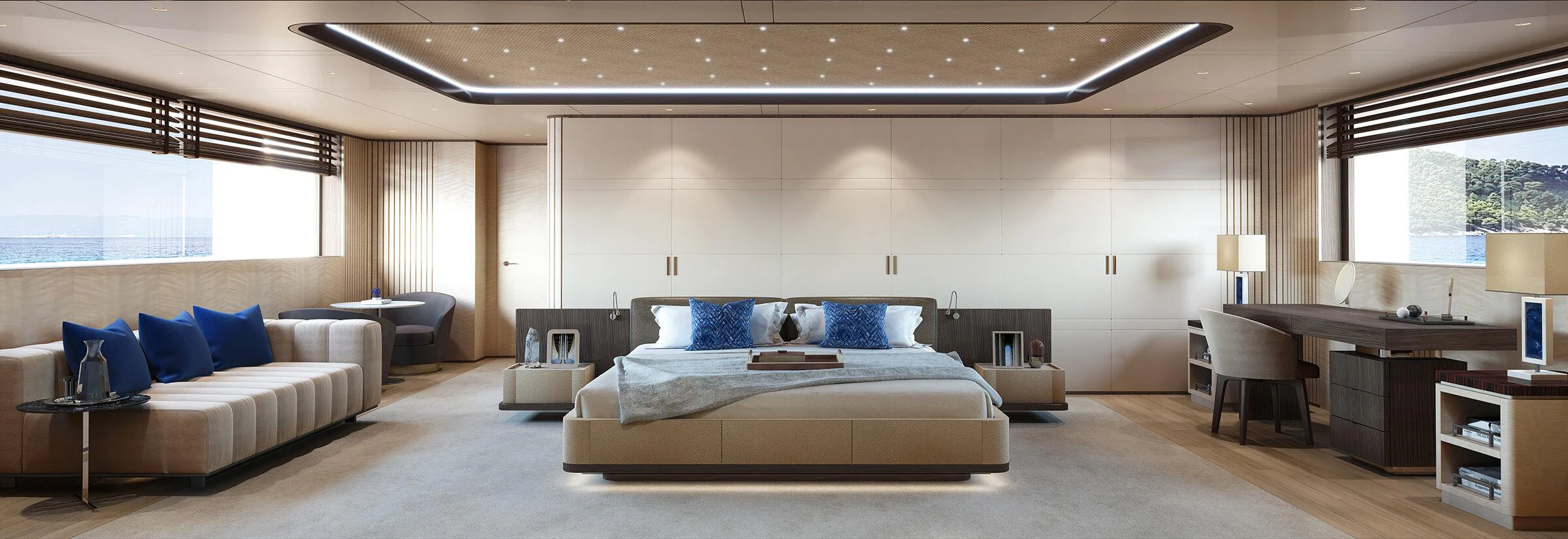 a large bedroom with a bed and desk aboard BIRUBI Yacht for Charter