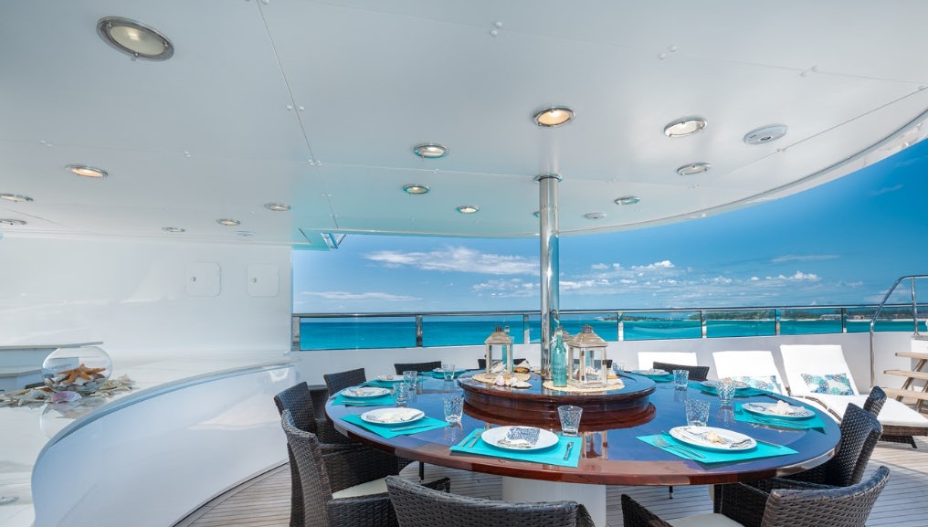 a table with plates and chairs on it aboard IONIAN PRINCESS Yacht for Sale