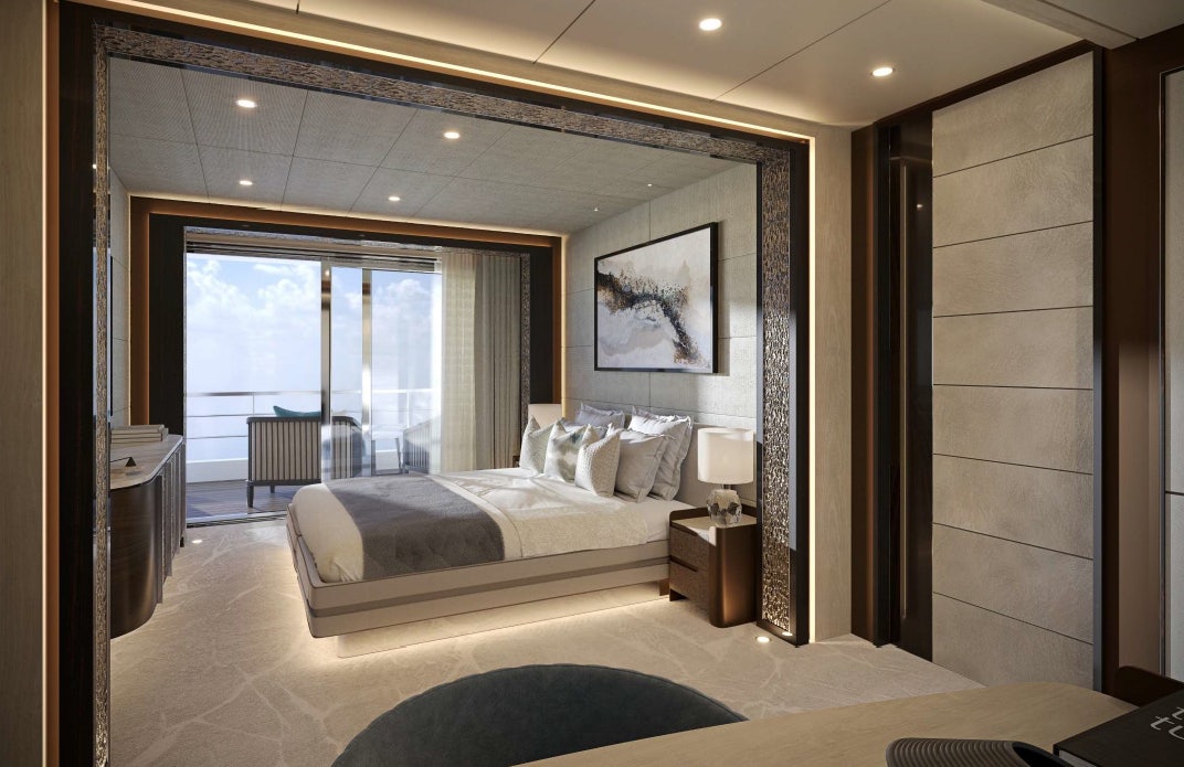 a room with a bed and a window aboard OCEAN FALCON Yacht for Sale